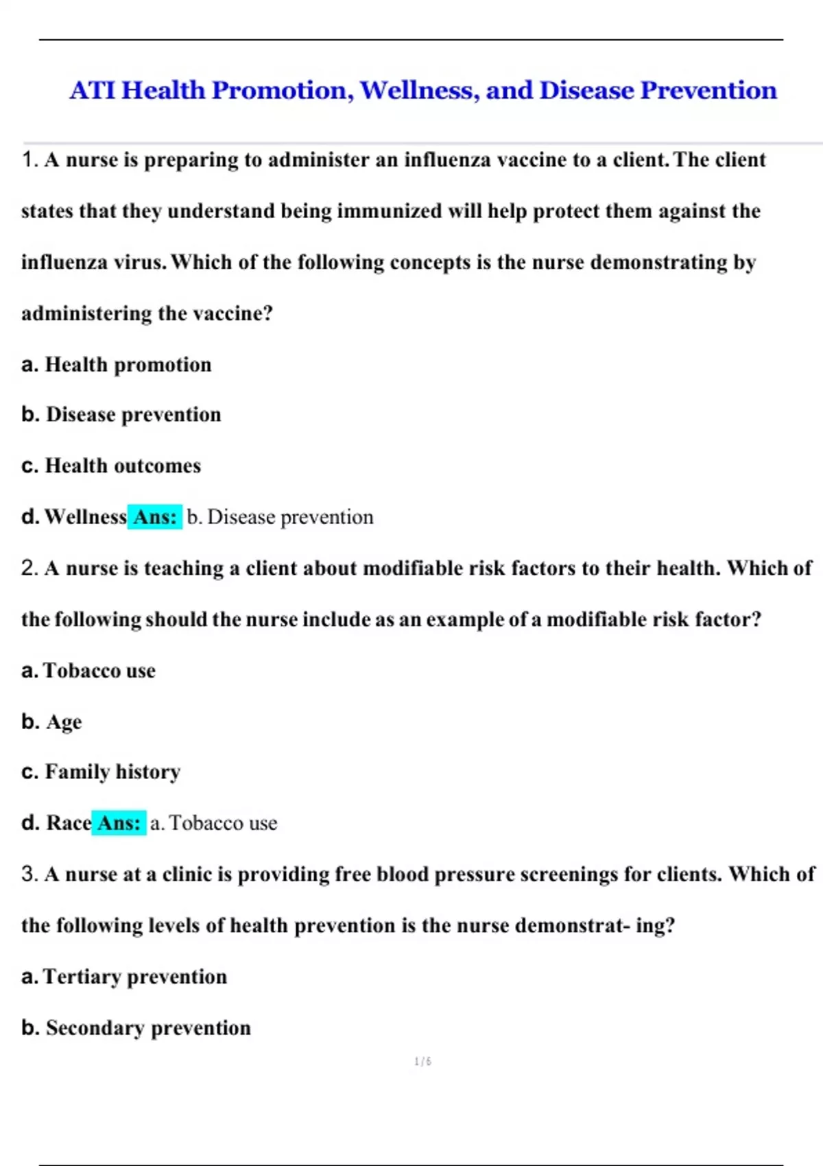 ATI Health Promotion, Wellness, and Disease Prevention – Key Concepts ...