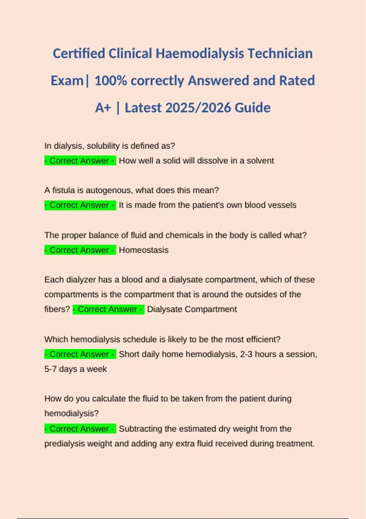 Certified Clinical Haemodialysis Technician Exam| 100% correctly ...