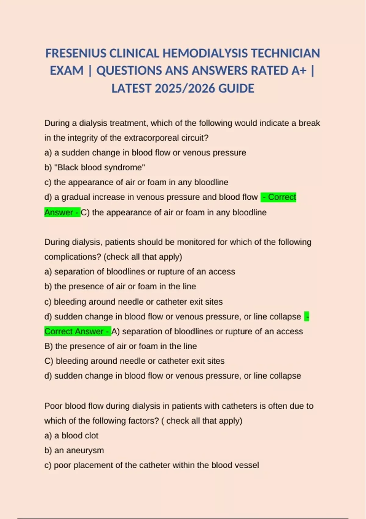 FRESENIUS CLINICAL HEMODIALYSIS TECHNICIAN EXAM | QUESTIONS ANS ANSWERS ...