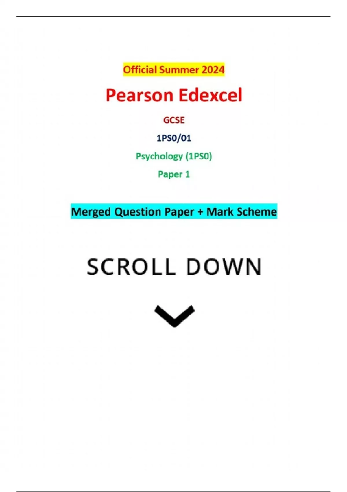 Official Summer 2024 Pearson Edexcel GCSE 1PS0/01 Psychology (1PS0 ...