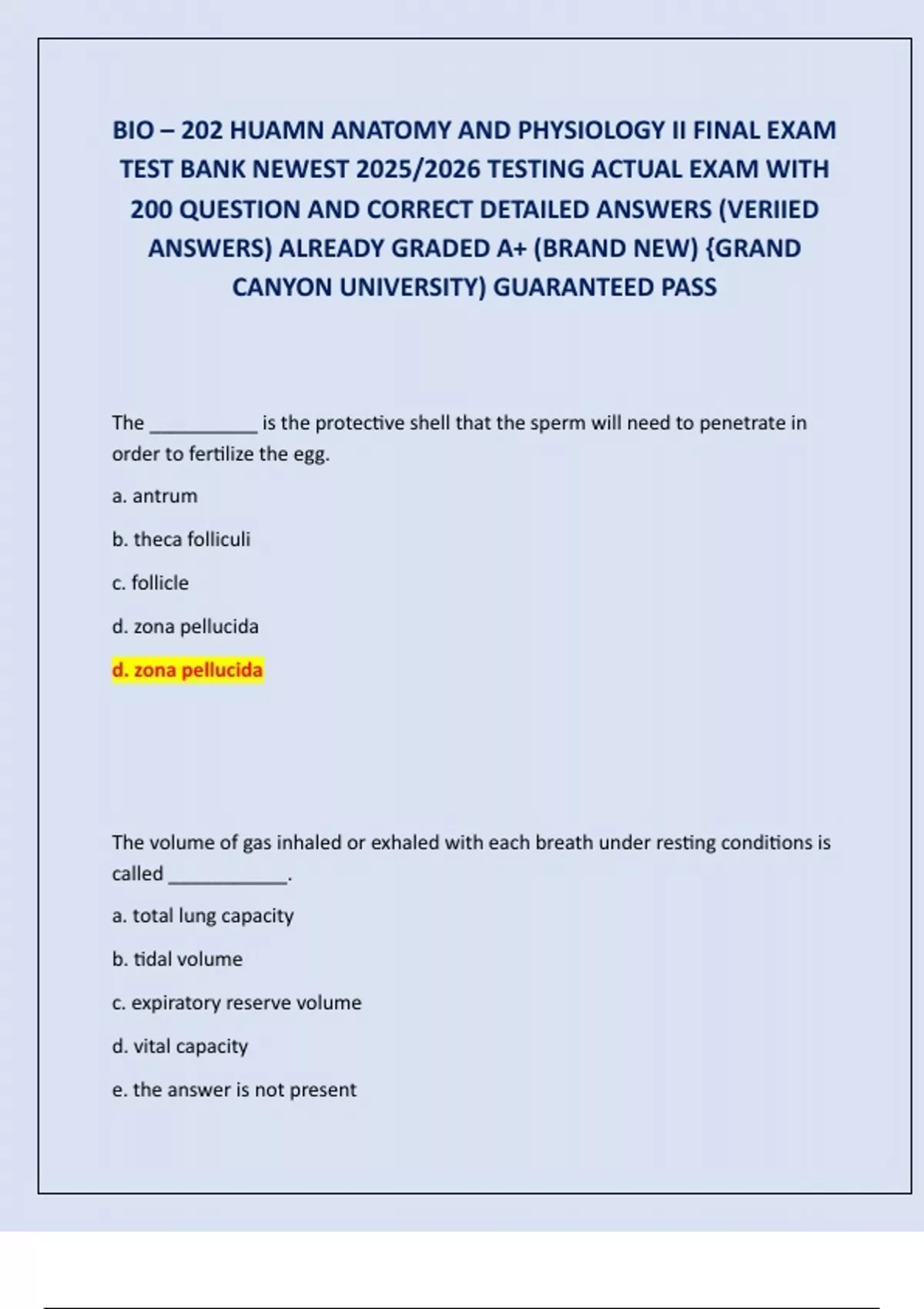 BIO – 202 HUMAN ANATOMY AND PHYSIOLOGY II FINAL EXAM TEST BANK NEWEST ...