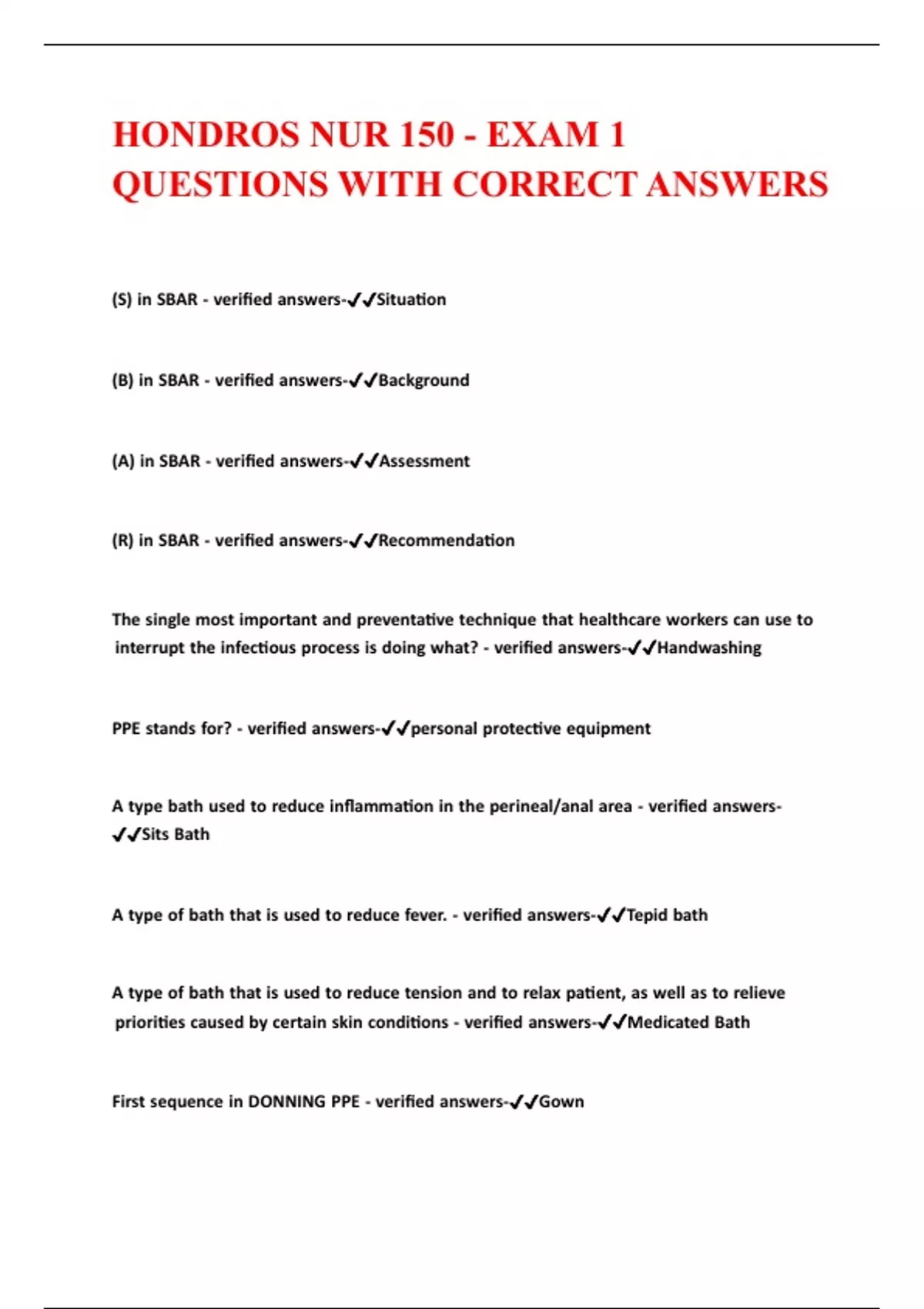 HONDROS NUR 150 - EXAM 1 QUESTIONS WITH CORRECT ANSWERS - Hondros NUR ...