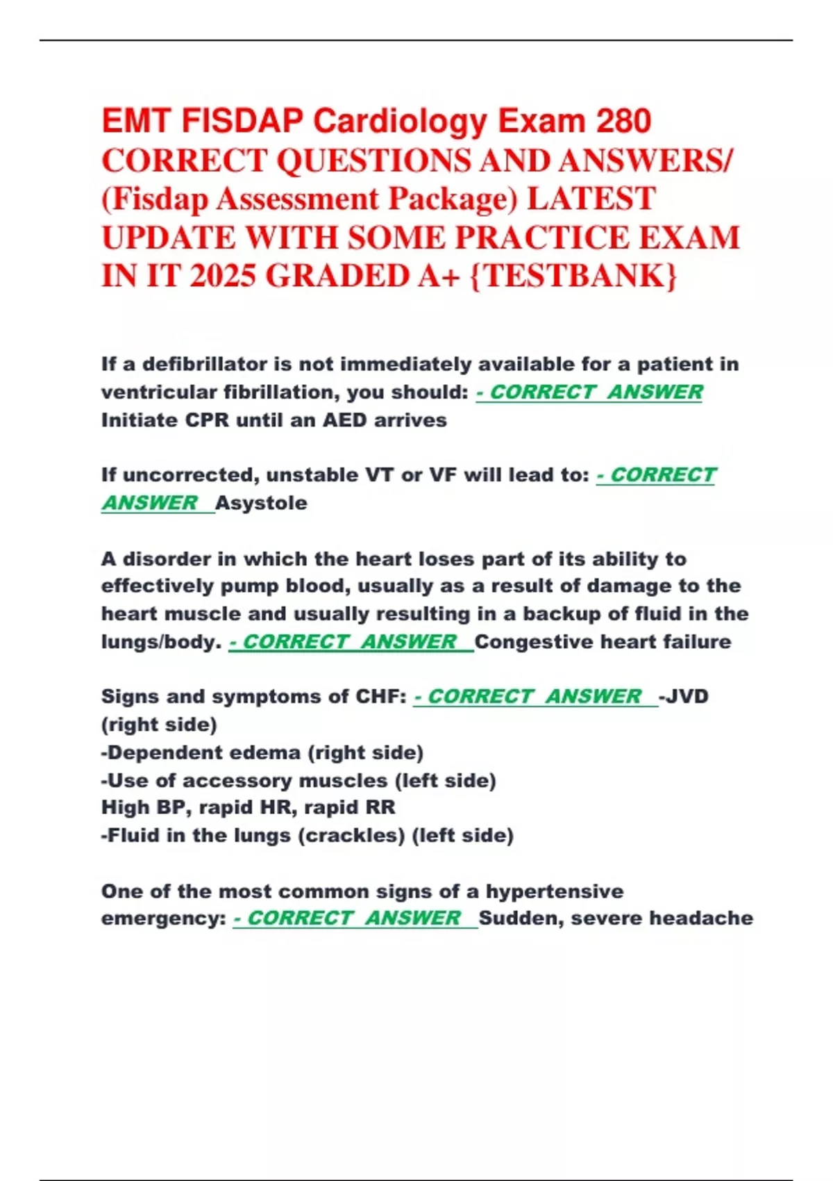 EMT FISDAP Cardiology Exam 280 CORRECT QUESTIONS AND ANSWERS/ (Fisdap ...