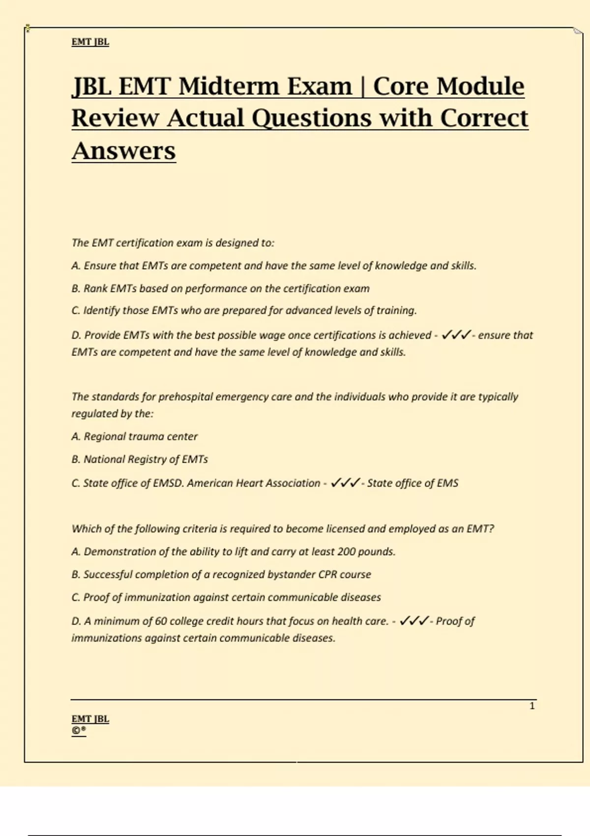 JBL EMT Midterm Exam | Core Module Review Actual Questions with Correct ...