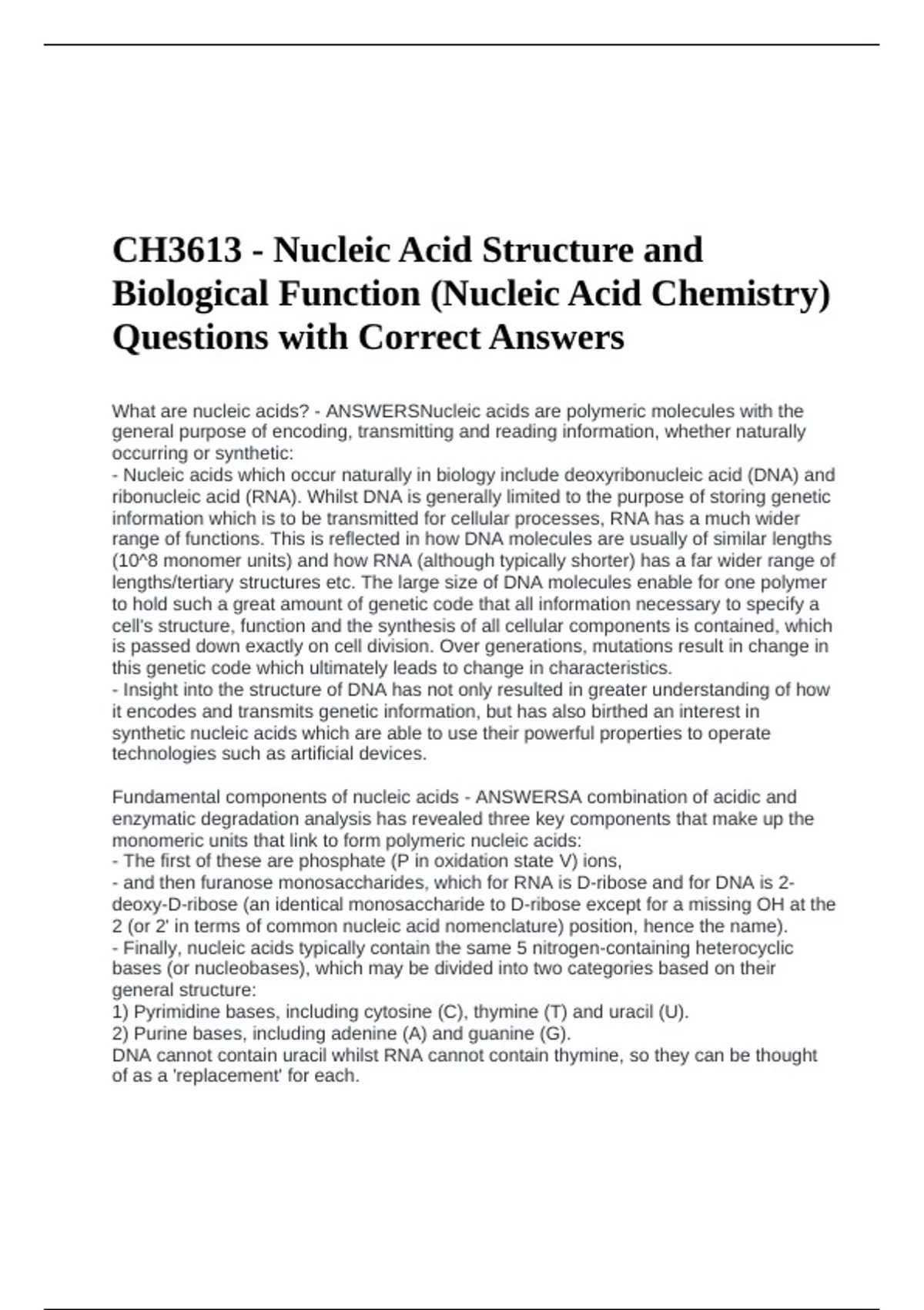 CH3613 - Nucleic Acid Structure and Biological Function (Nucleic Acid ...
