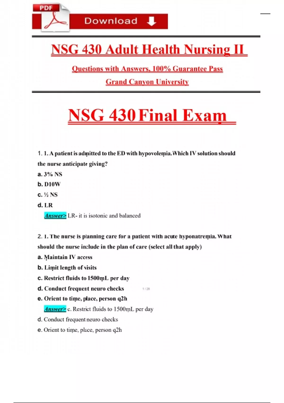 NSG 430 Adult Health Nursing II: Final Exam Test Questions with ...