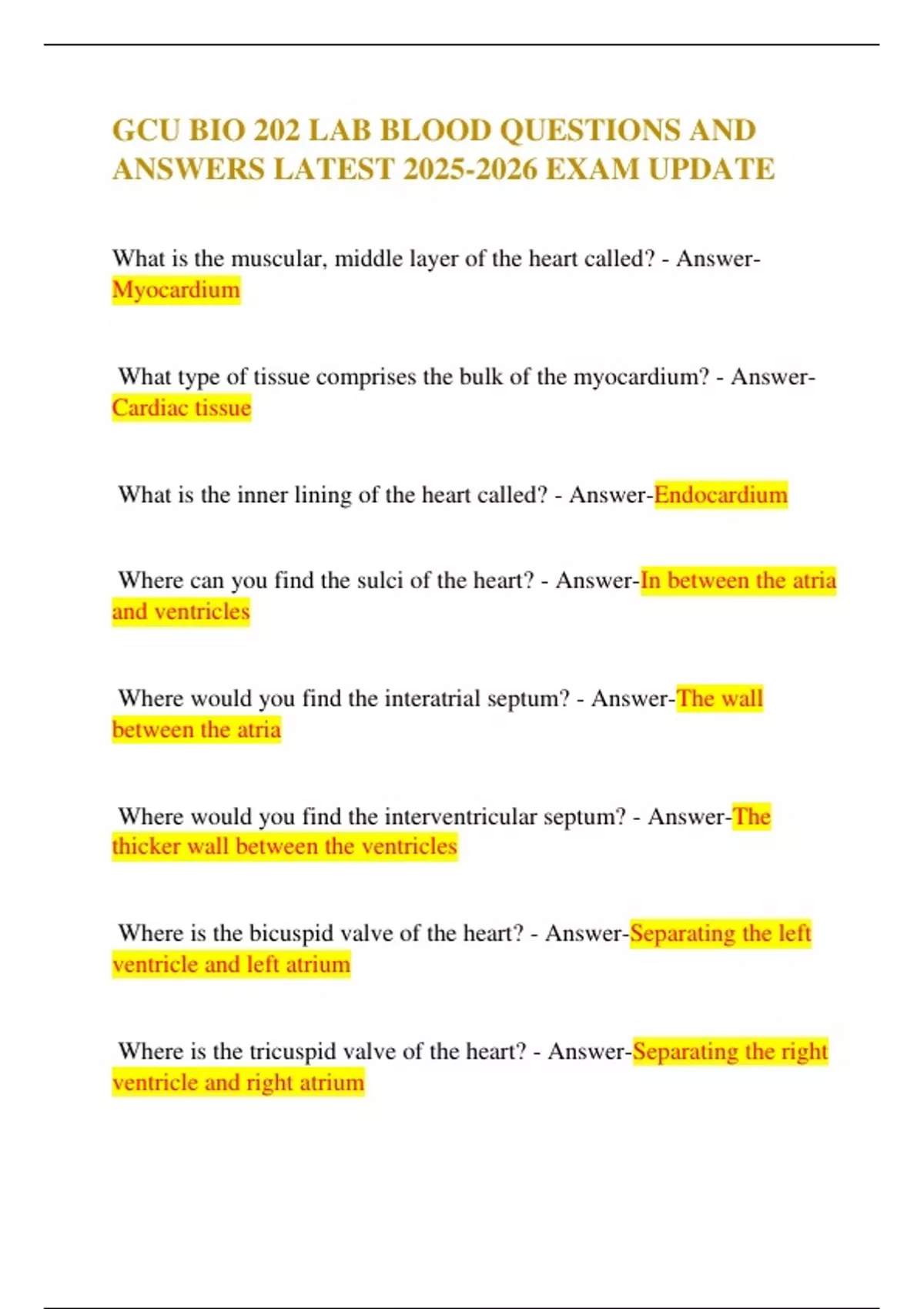 GCU BIO 202 LAB BLOOD QUESTIONS AND ANSWERS LATEST EXAM UPDATE - GCU ...