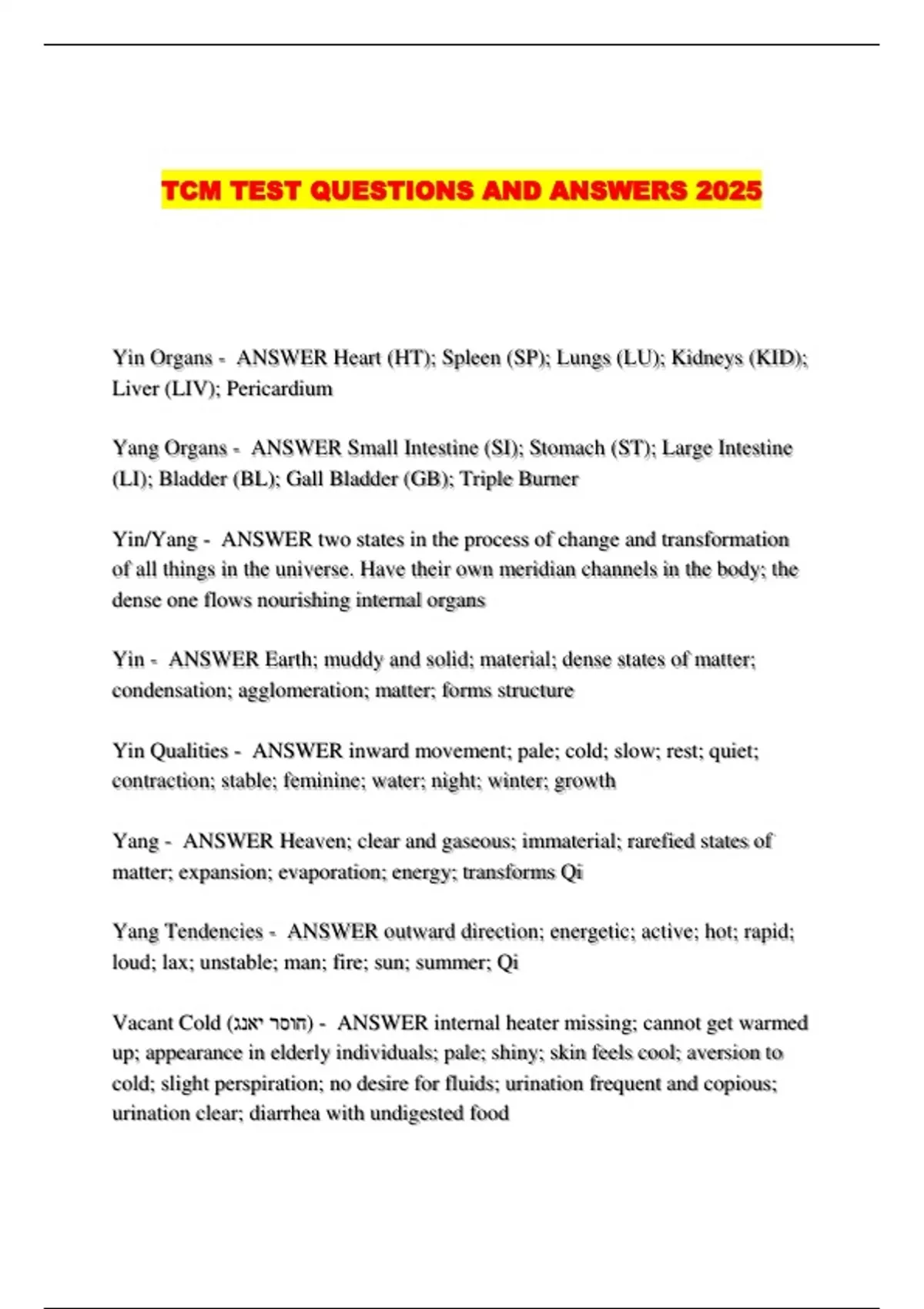 TCM TEST QUESTIONS AND ANSWERS 2025 - TCM - Stuvia US