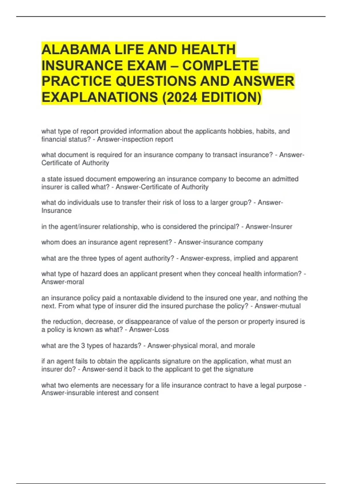 ALABAMA LIFE AND HEALTH INSURANCE EXAM – COMPLETE PRACTICE QUESTIONS ...