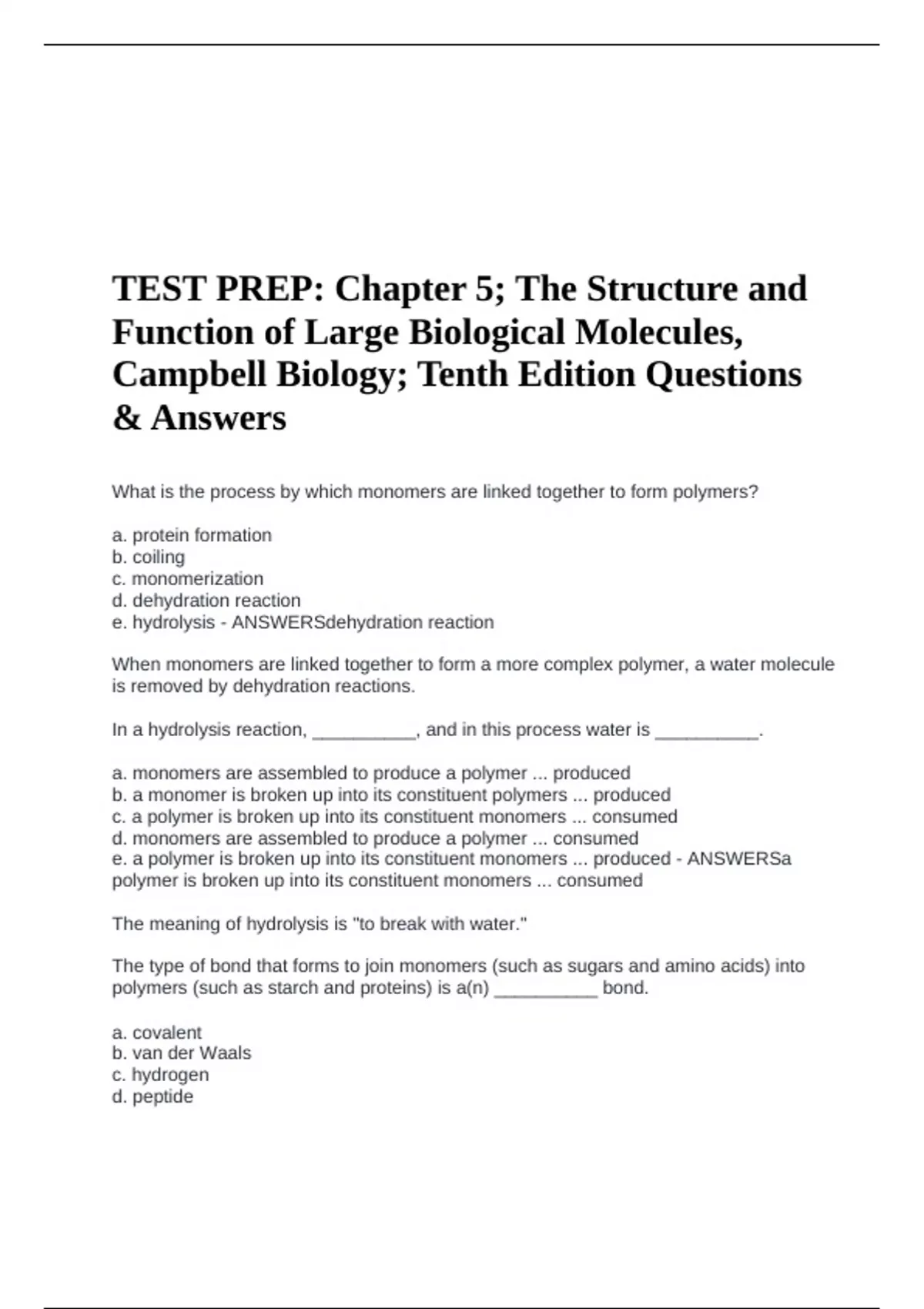 TEST PREP: Chapter 5; The Structure and Function of Large Biological ...
