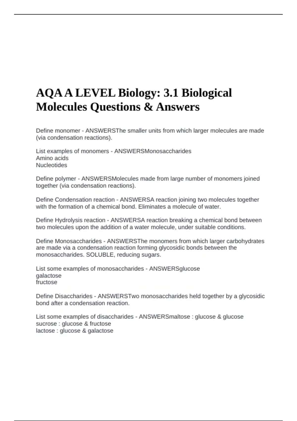 AQA A LEVEL Biology: 3.1 Biological Molecules Questions & Answers - AQA ...