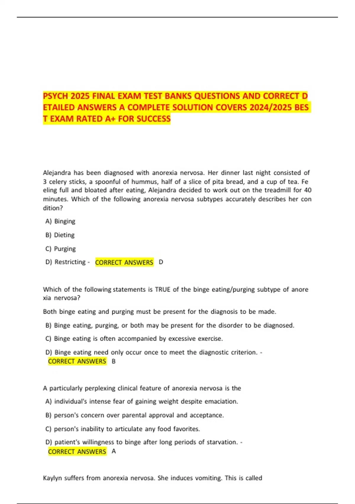 PSYCH 2025 FINAL EXAM TEST BANKS QUESTIONS AND CORRECT D ETAILED ...