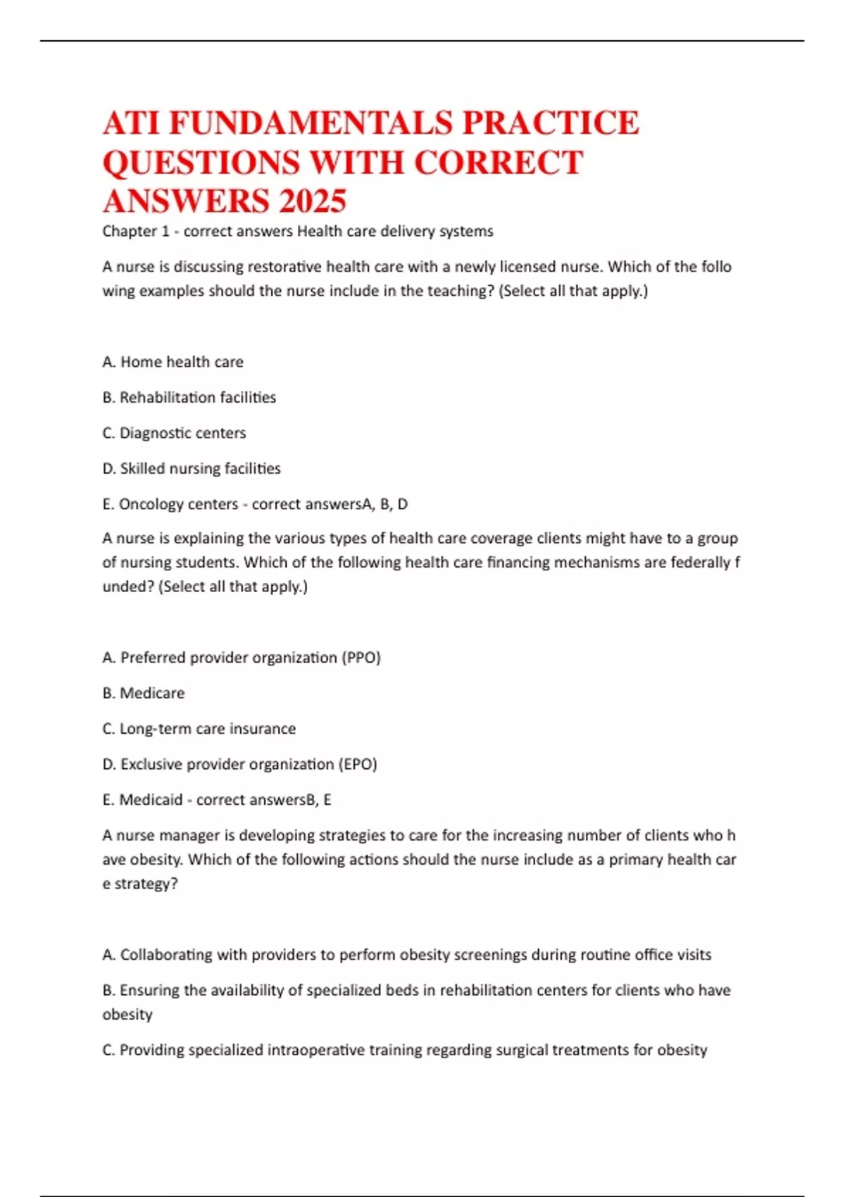 ATI FUNDAMENTALS PRACTICE QUESTIONS WITH CORRECT ANSWERS 2025 - ATI ...