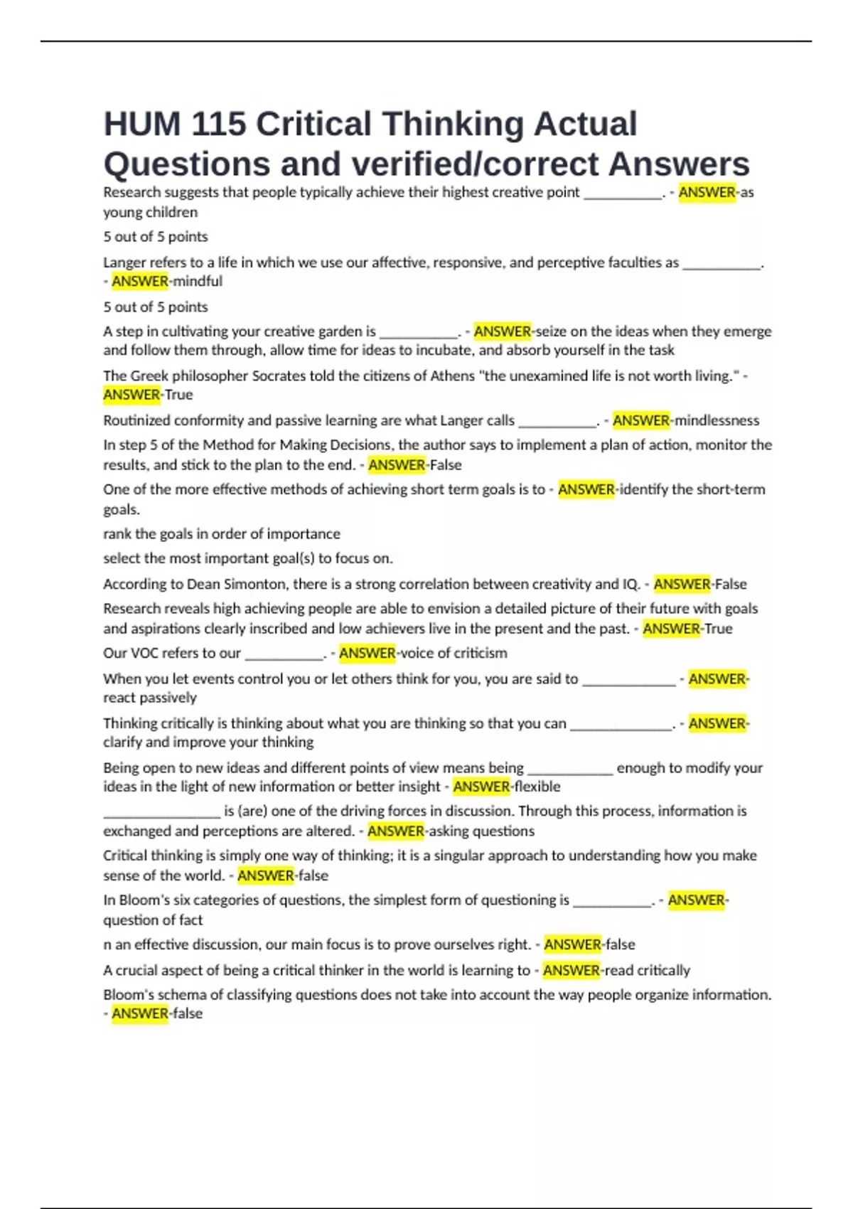 HUM 115 Critical Thinking Actual Questions and verified/correct Answers ...