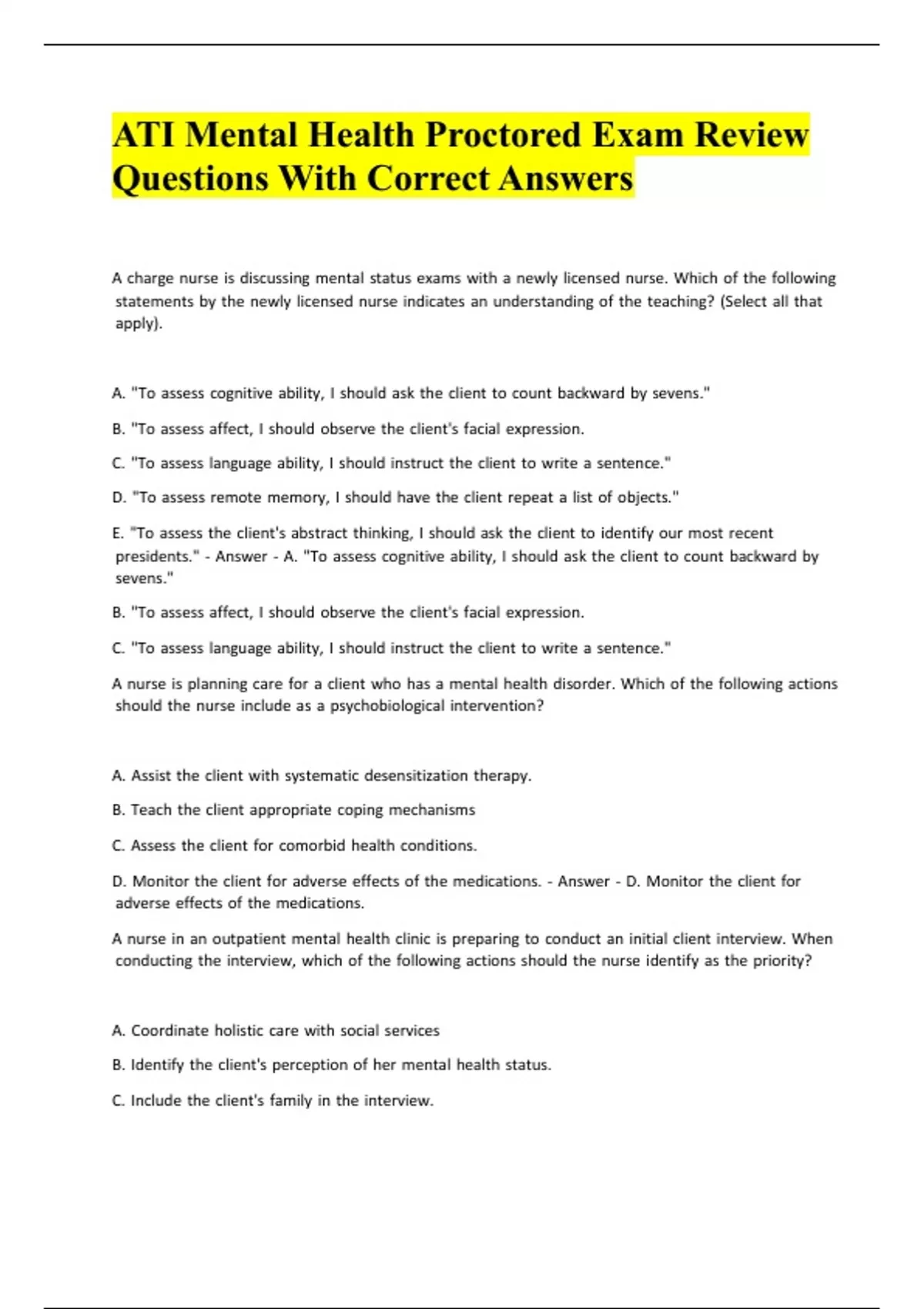 ATI Mental Health Proctored Exam Review Questions With Correct Answers ...