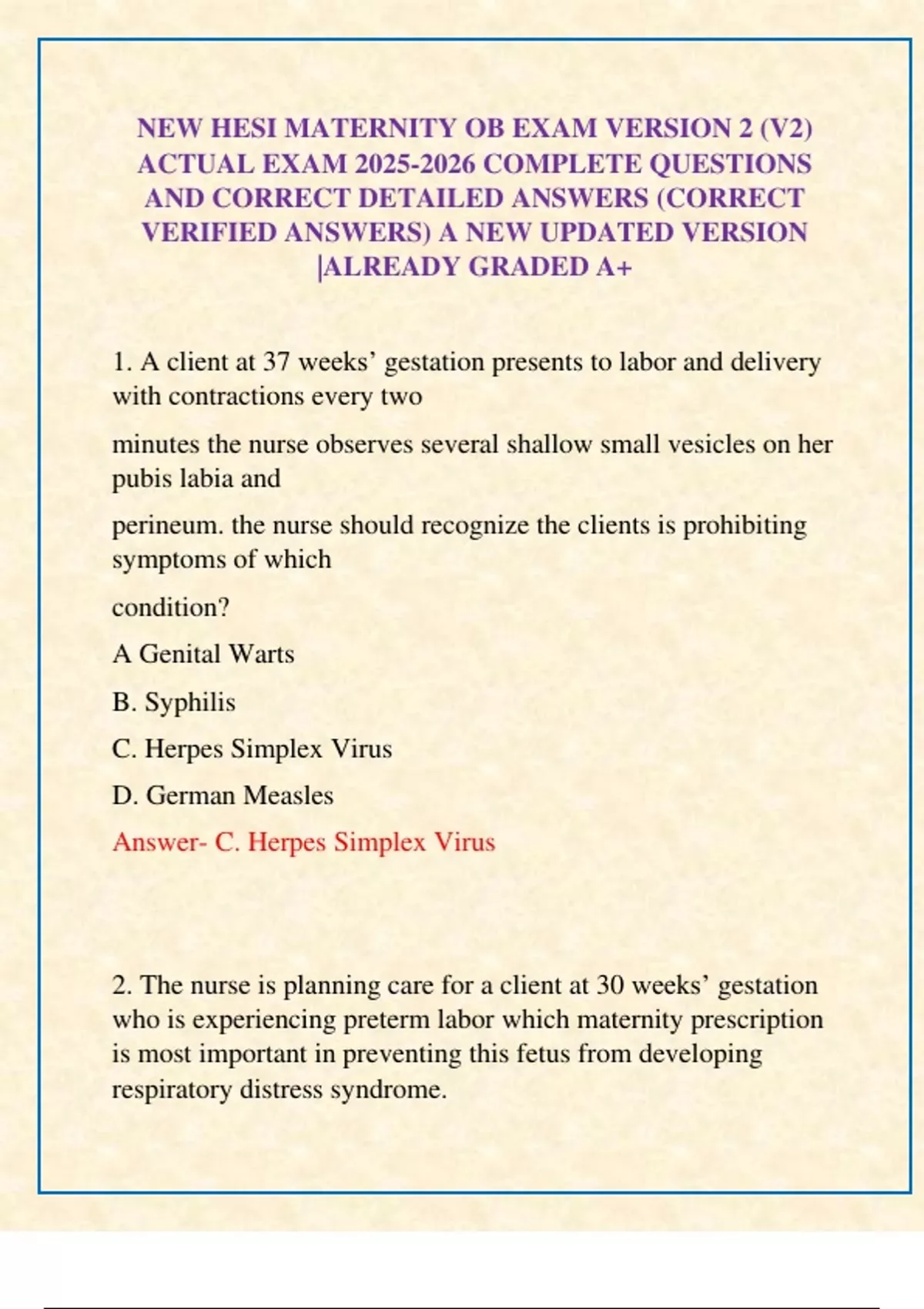 NEW HESI MATERNITY OB EXAM VERSION 2 (V2) ACTUAL EXAM COMPLETE ...