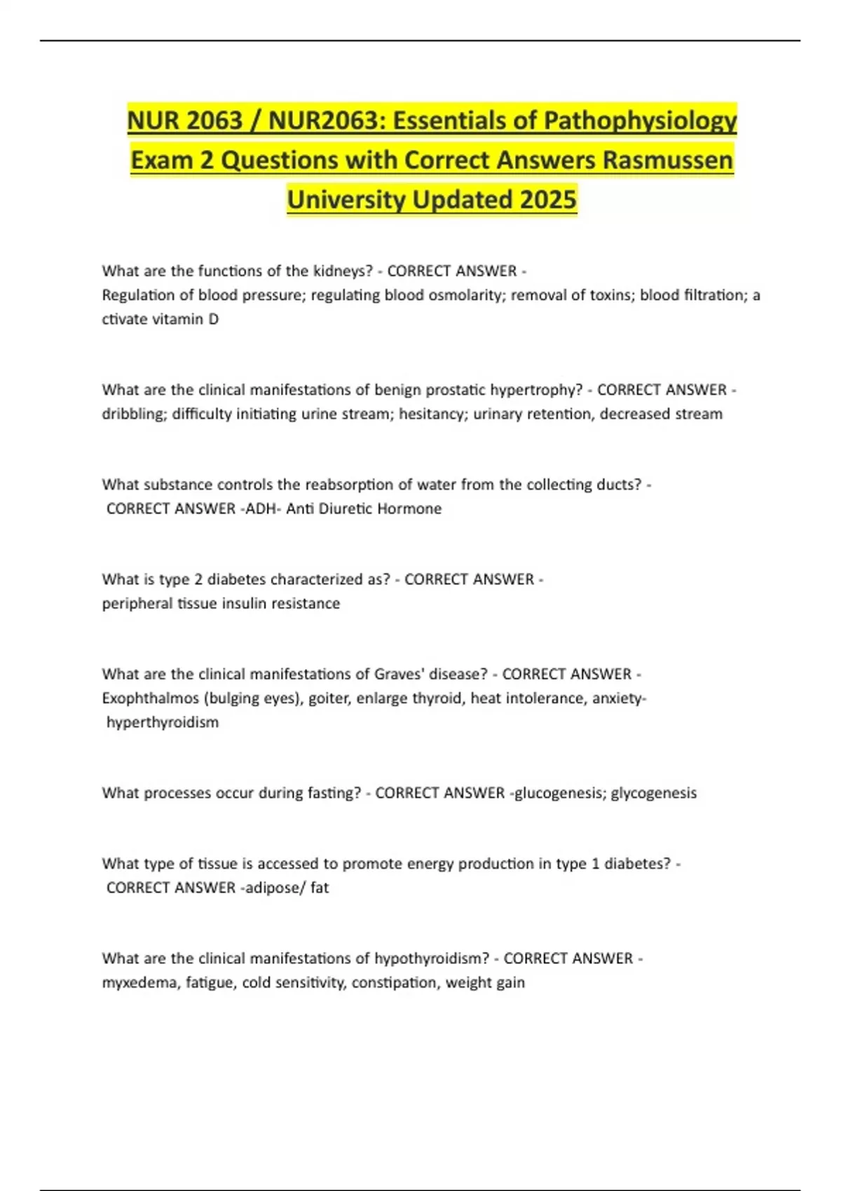 NUR 2063 - NUR2063 Essentials of Pathophysiology Exam 2 Questions with ...