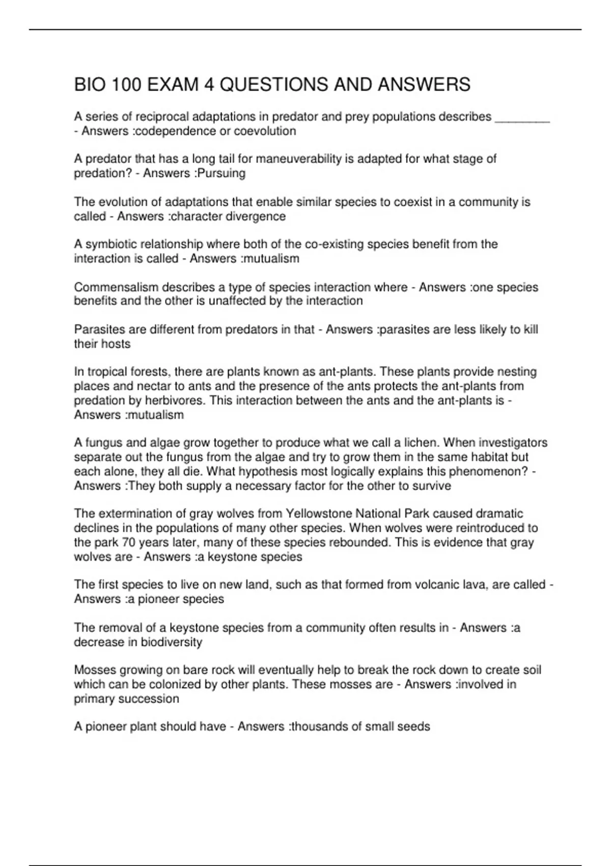 BIO 100 EXAM 4 QUESTIONS AND ANSWERS - BIO 100 - Stuvia US