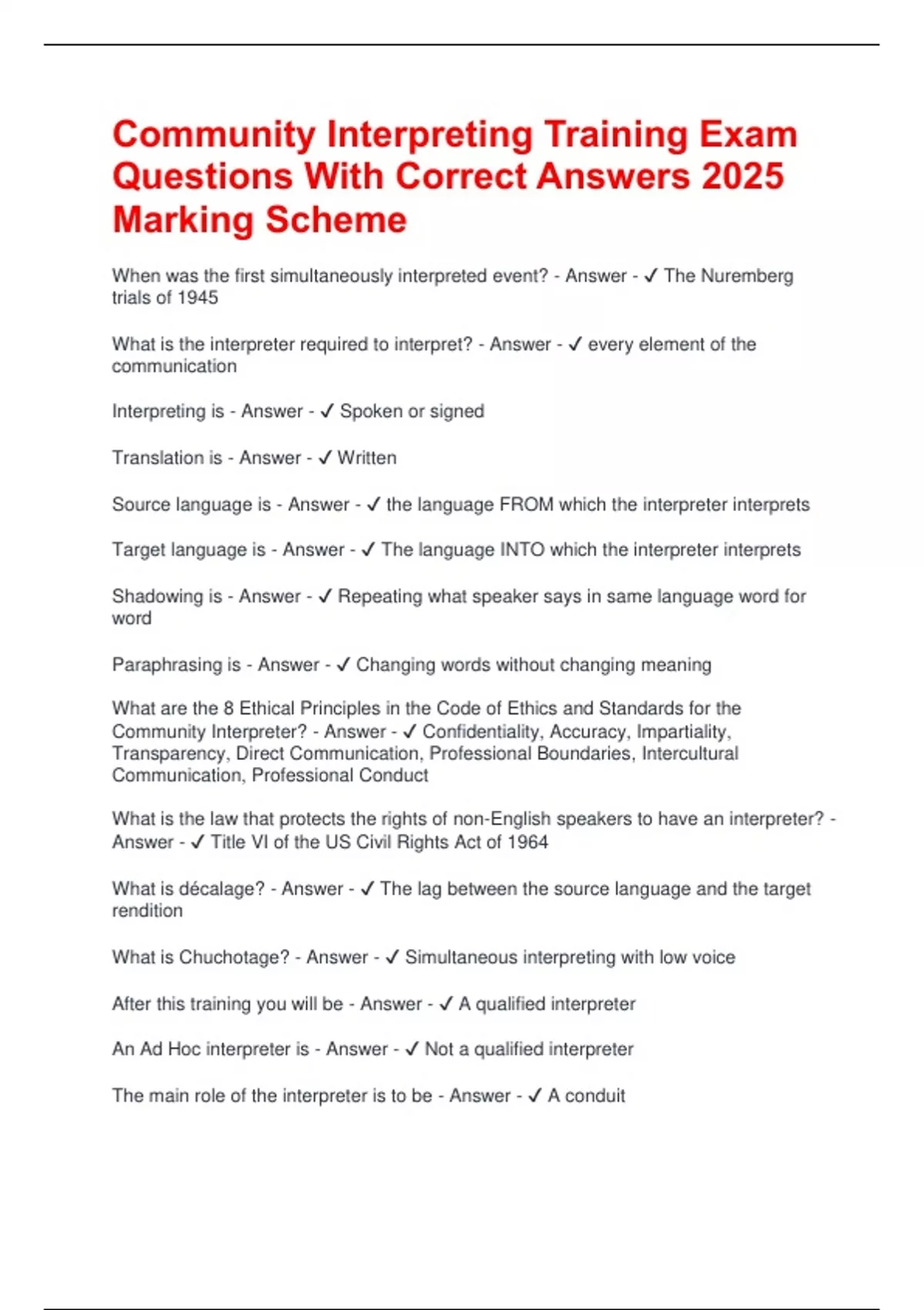 Community Interpreting Training Exam Questions With Correct Answers ...
