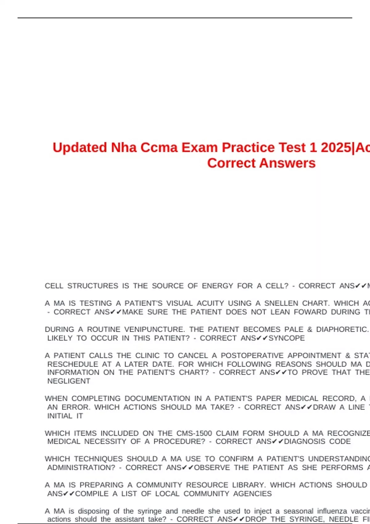 Updated Nha Ccma Exam Practice Test 1 2025|Actual Exam With Correct ...