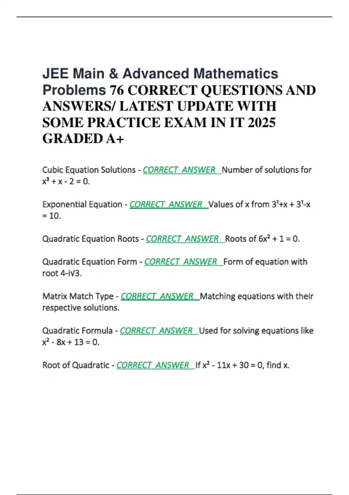JEE Main & Advanced Mathematics Problems 76 CORRECT QUESTIONS AND ...