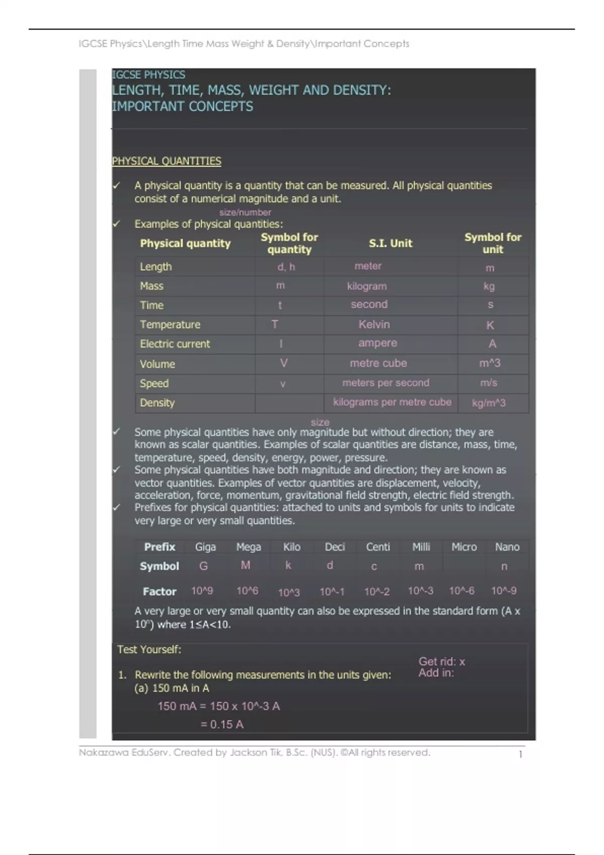Summary GCE GCSE IGCSE Secondary School High School Physics - Length ...
