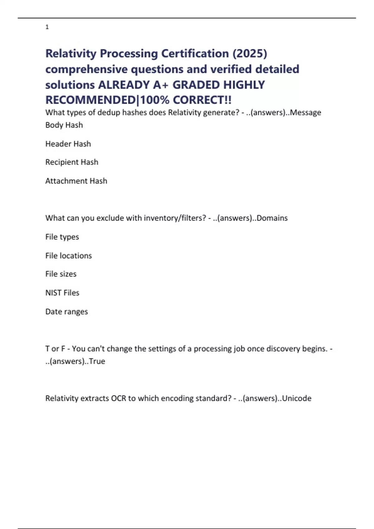 Relativity Certification Relativity Processing Certification (2025) comprehensive questions and ...