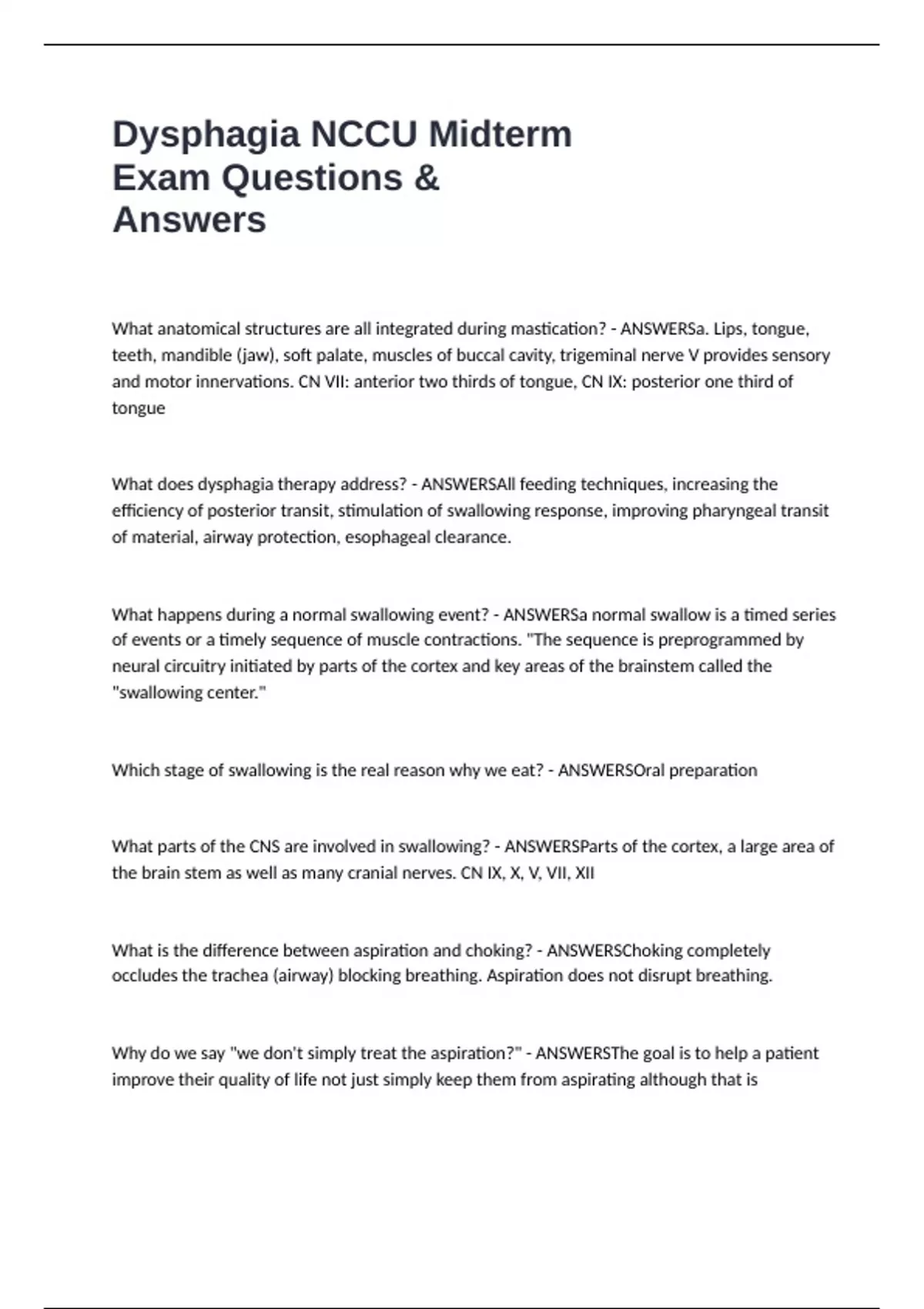 Dysphagia NCCU Midterm Exam Questions & Answers - Dysphagia NCCU ...