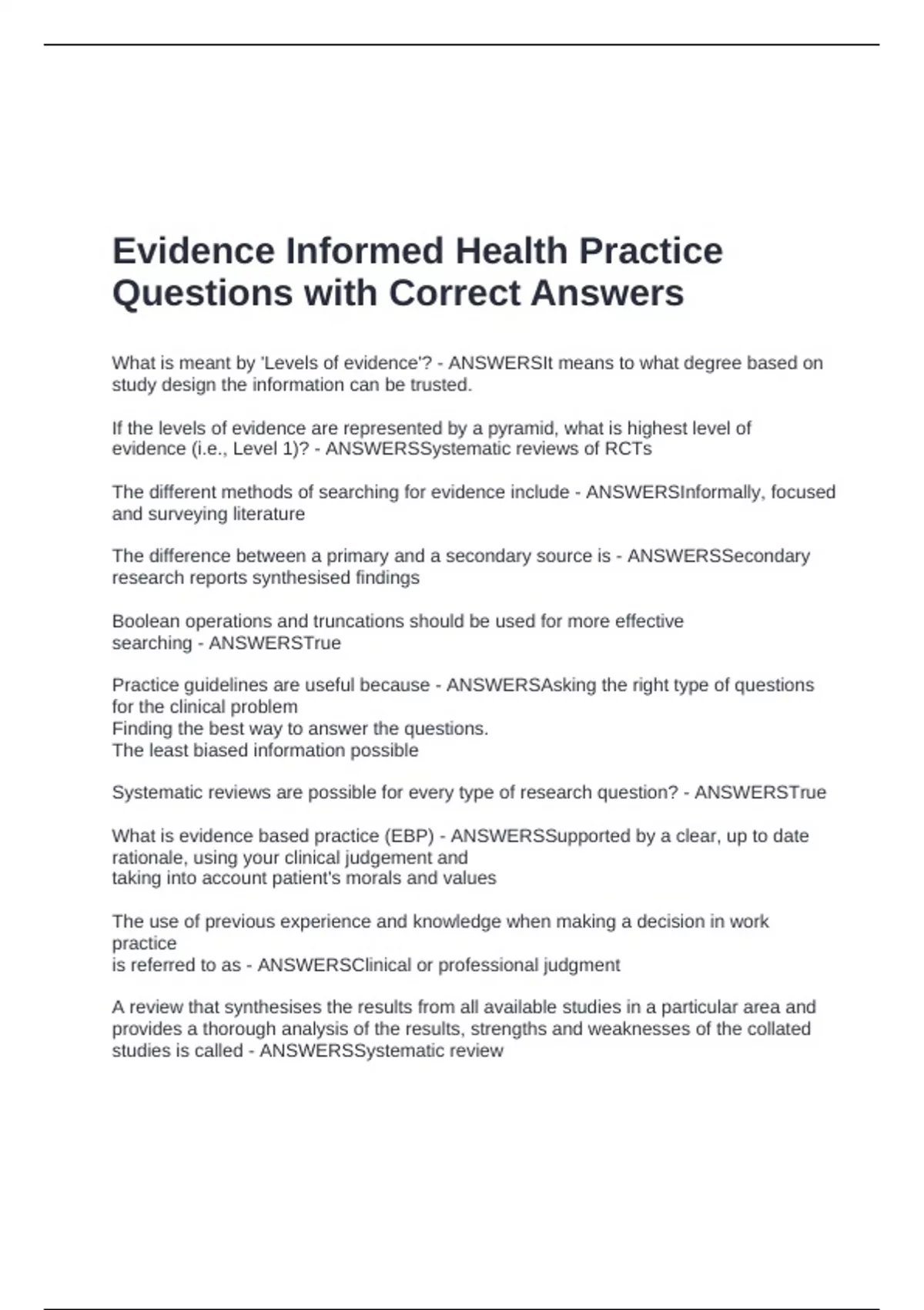 Evidence Informed Health Practice Questions with Correct Answers ...