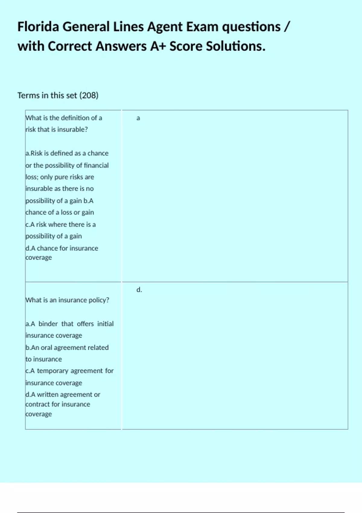 Florida General Lines Agent Exam questions / with Correct Answers A+ ...