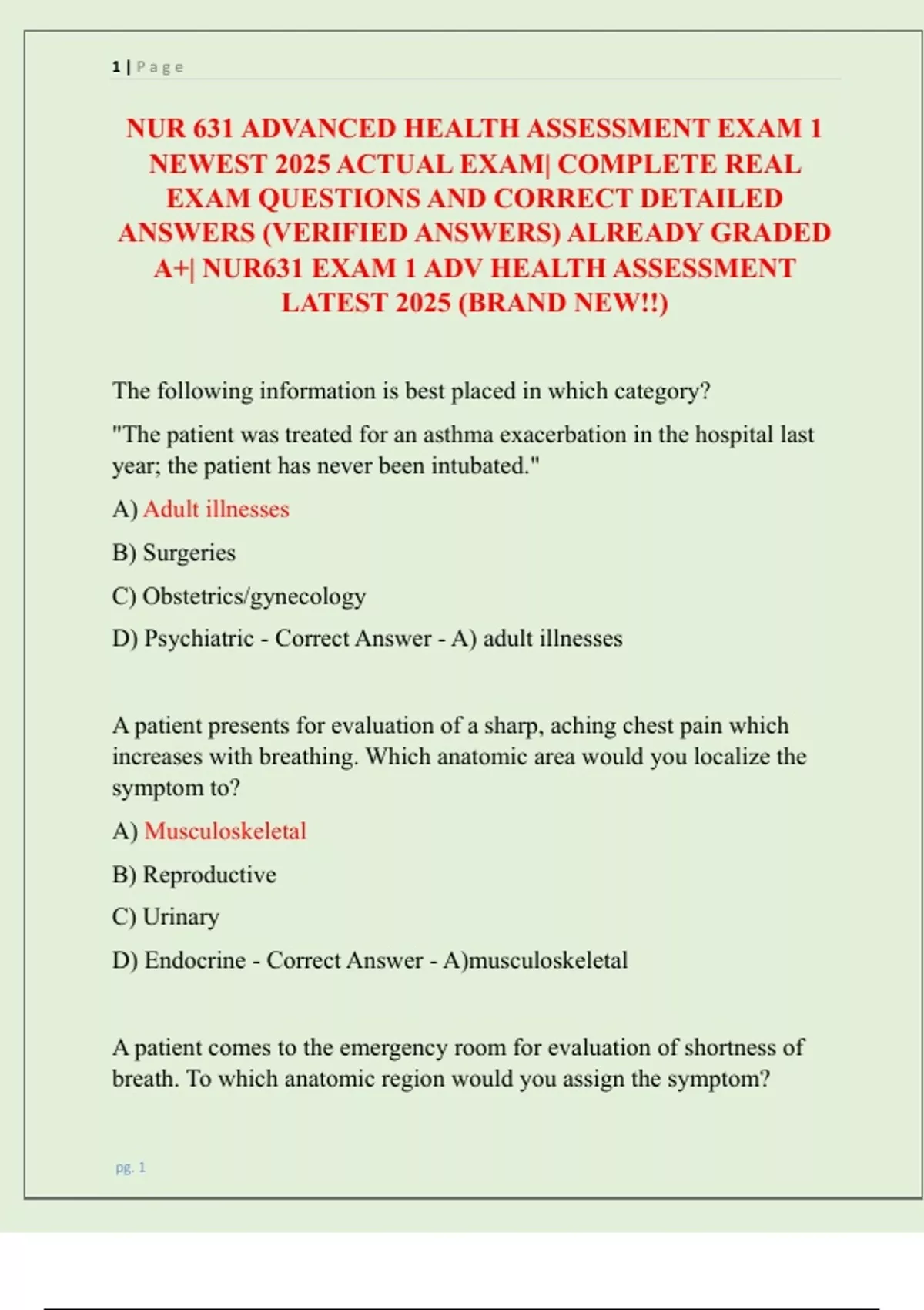 NUR 631 ADVANCED HEALTH ASSESSMENT EXAM 1 NEWEST 2025 ACTUAL EXAM ...