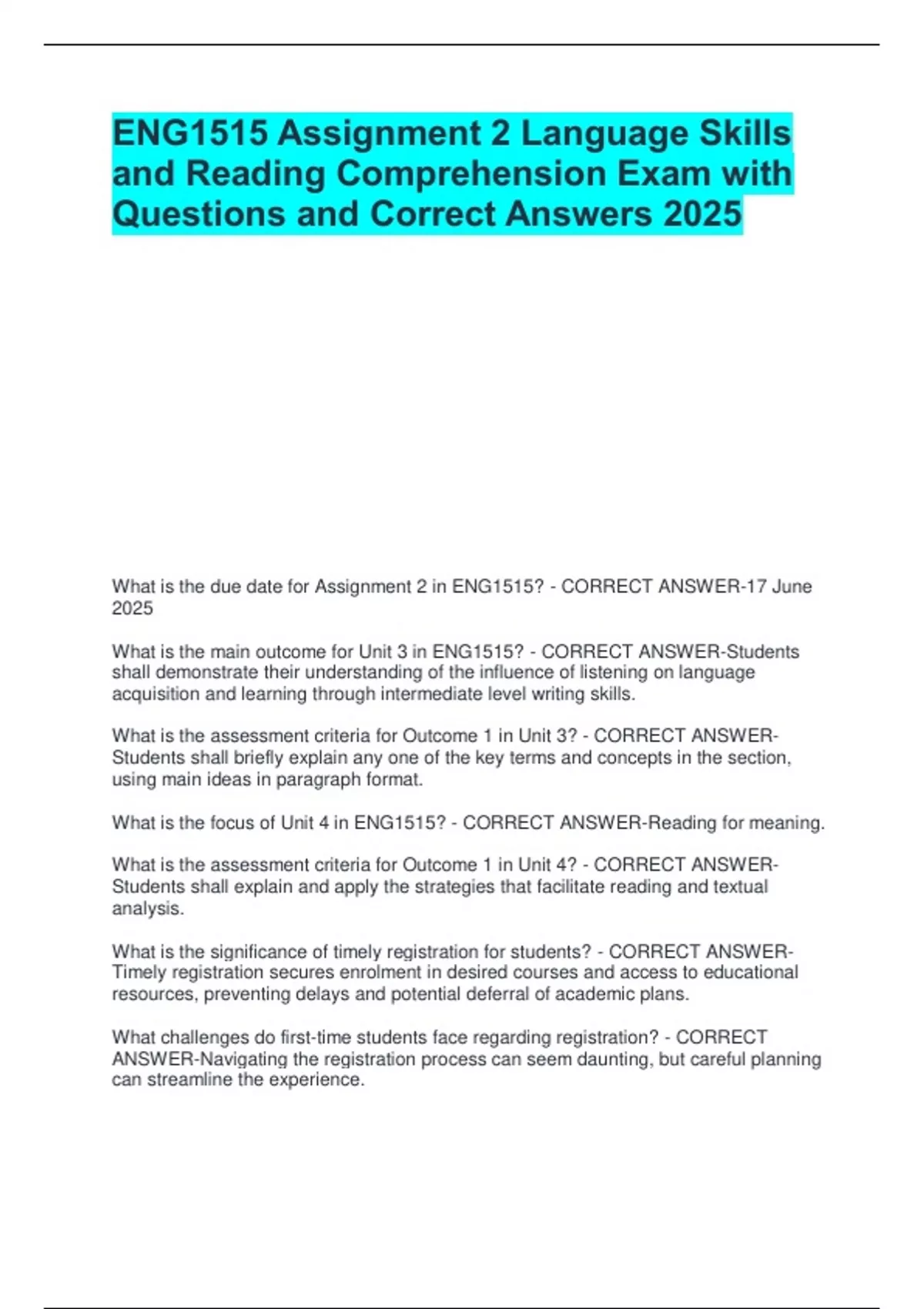 ENG1515 Assignment 2 Language Skills and Reading Comprehension Exam ...