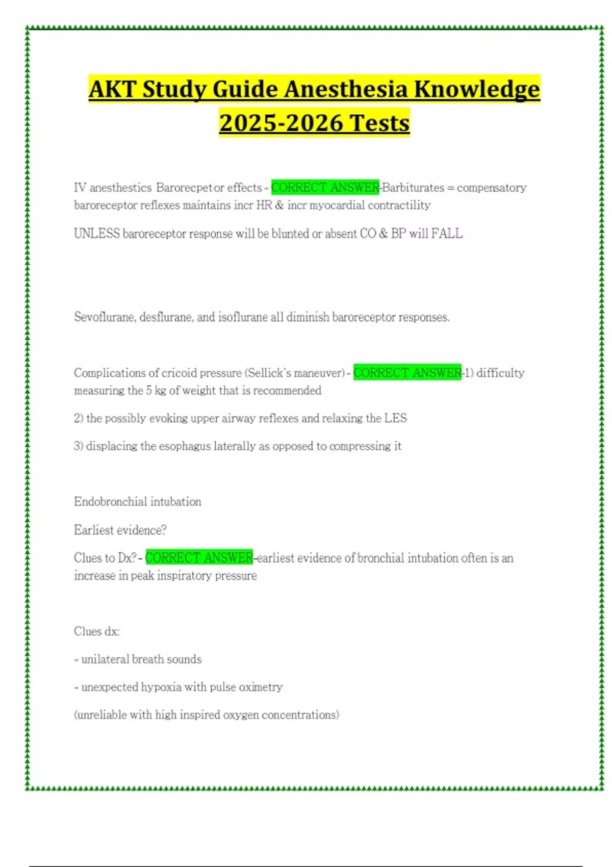 AKT Study Guide Anesthesia Knowledge Tests - AKT Anesthesia Knowledge ...