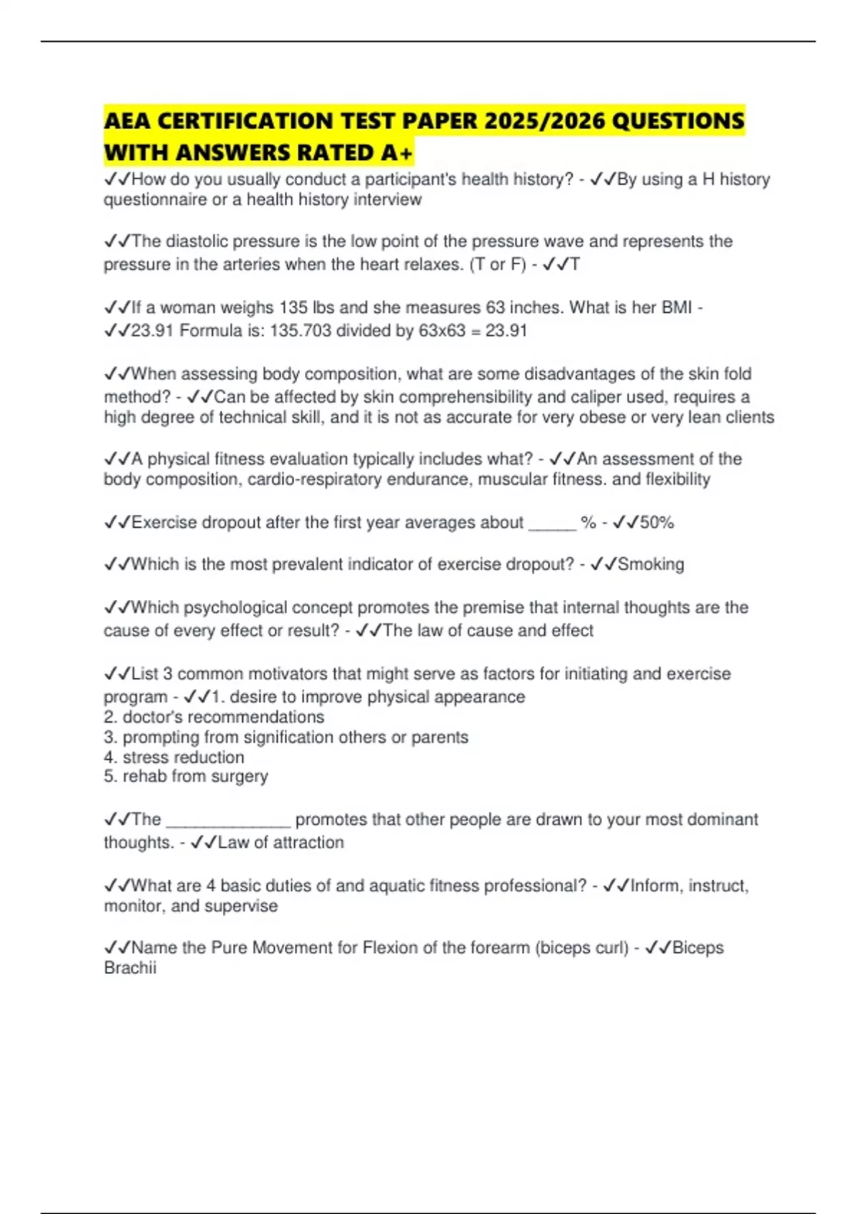 AEA CERTIFICATION TEST PAPER 2025/2026 QUESTIONS WITH ANSWERS RATED A+ ...