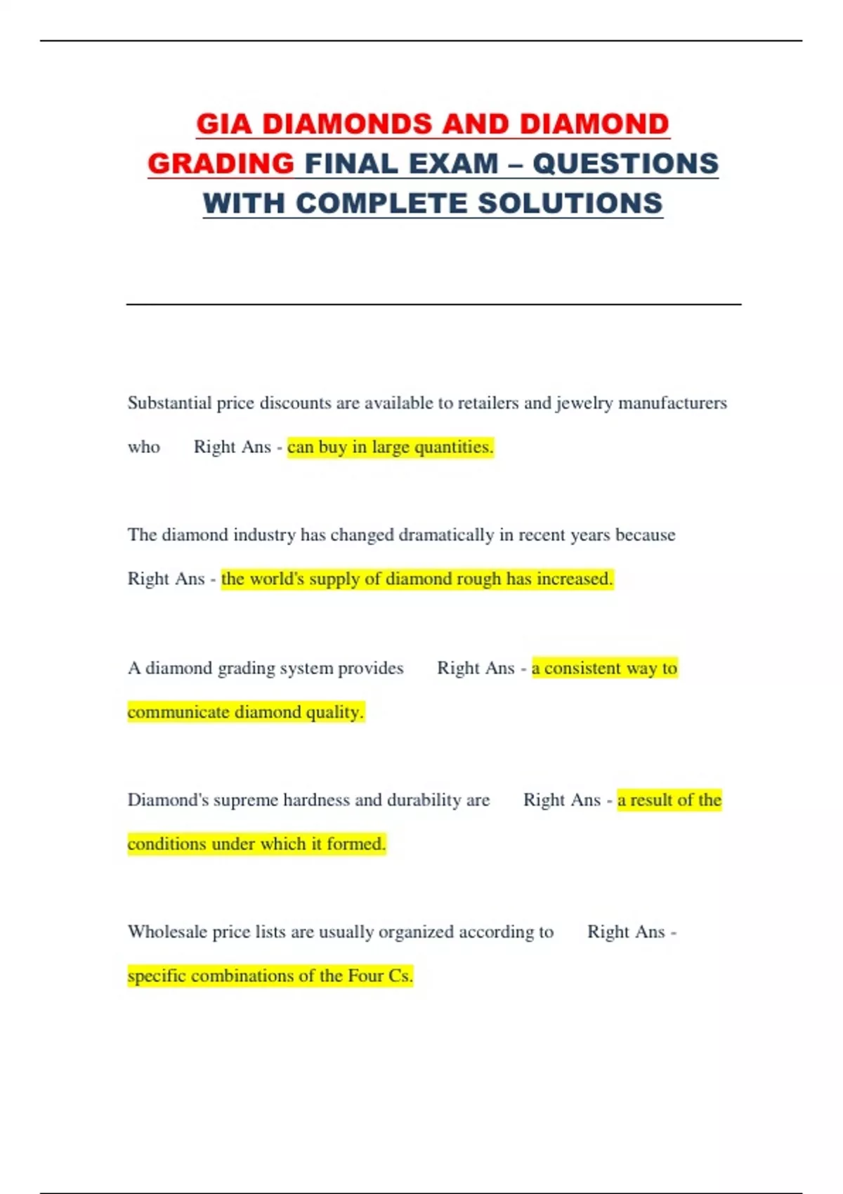Gia Diamonds And Diamond Grading Final Exam Questions With Complete