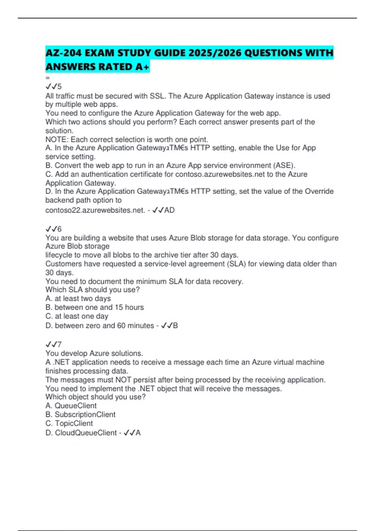 AZ-204 EXAM STUDY GUIDE 2025/2026 QUESTIONS WITH ANSWERS RATED A+ - AZ ...