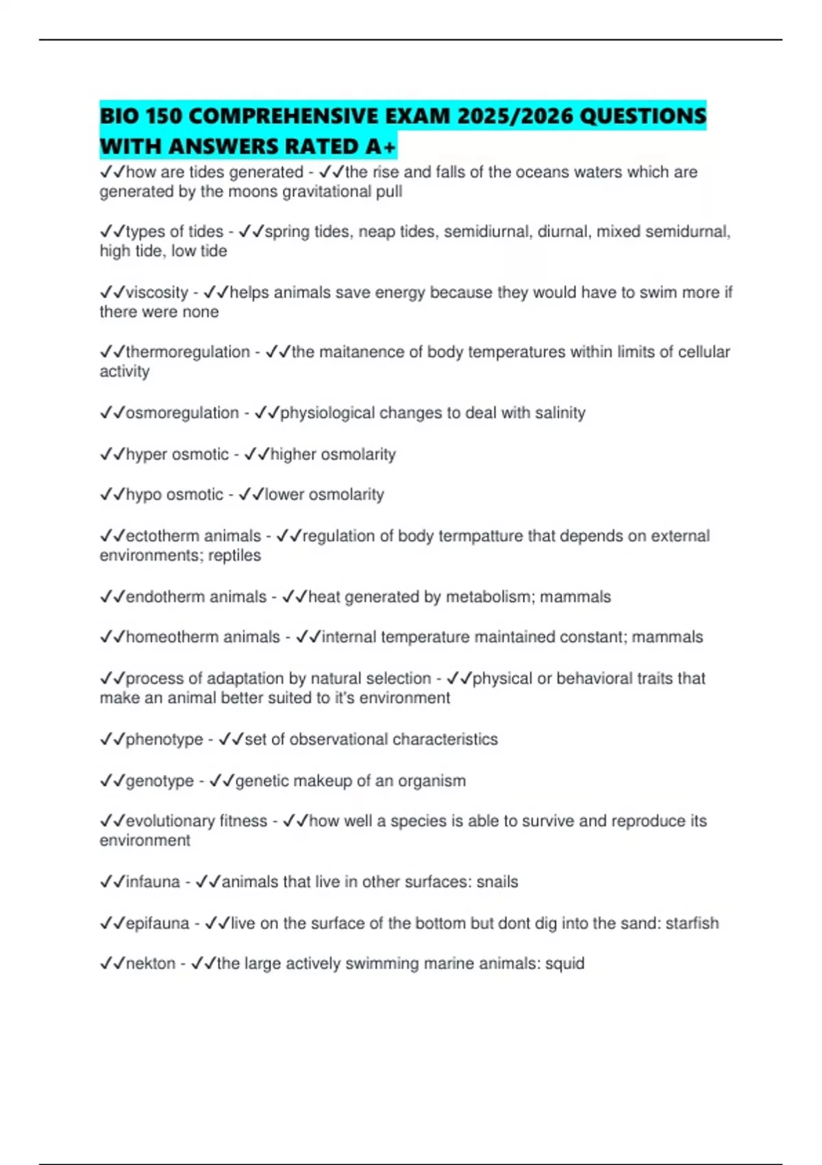 BIO 150 COMPREHENSIVE EXAM 2025/2026 QUESTIONS WITH ANSWERS RATED A+ ...