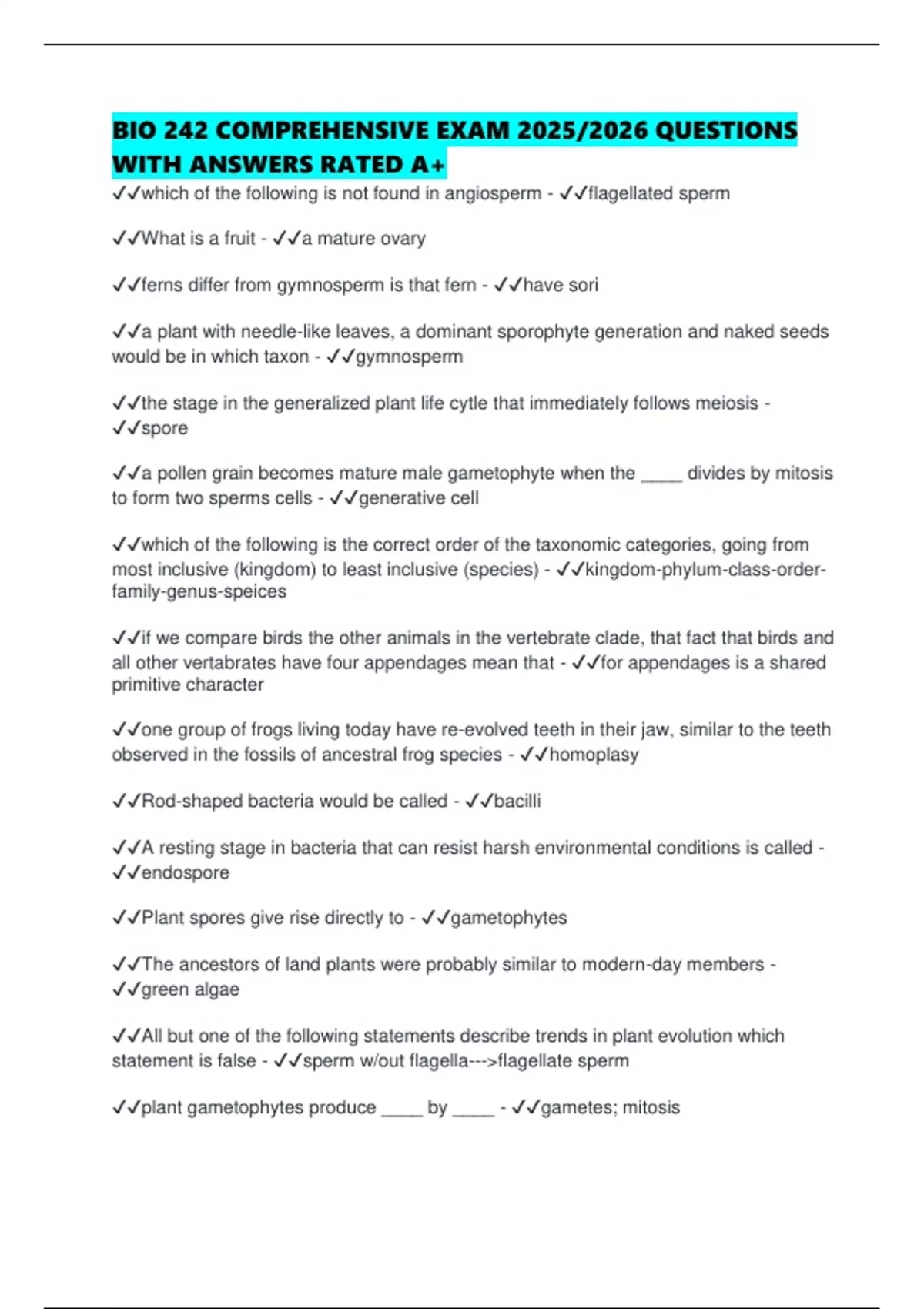 BIO 242 COMPREHENSIVE EXAM 2025/2026 QUESTIONS WITH ANSWERS RATED A+ ...