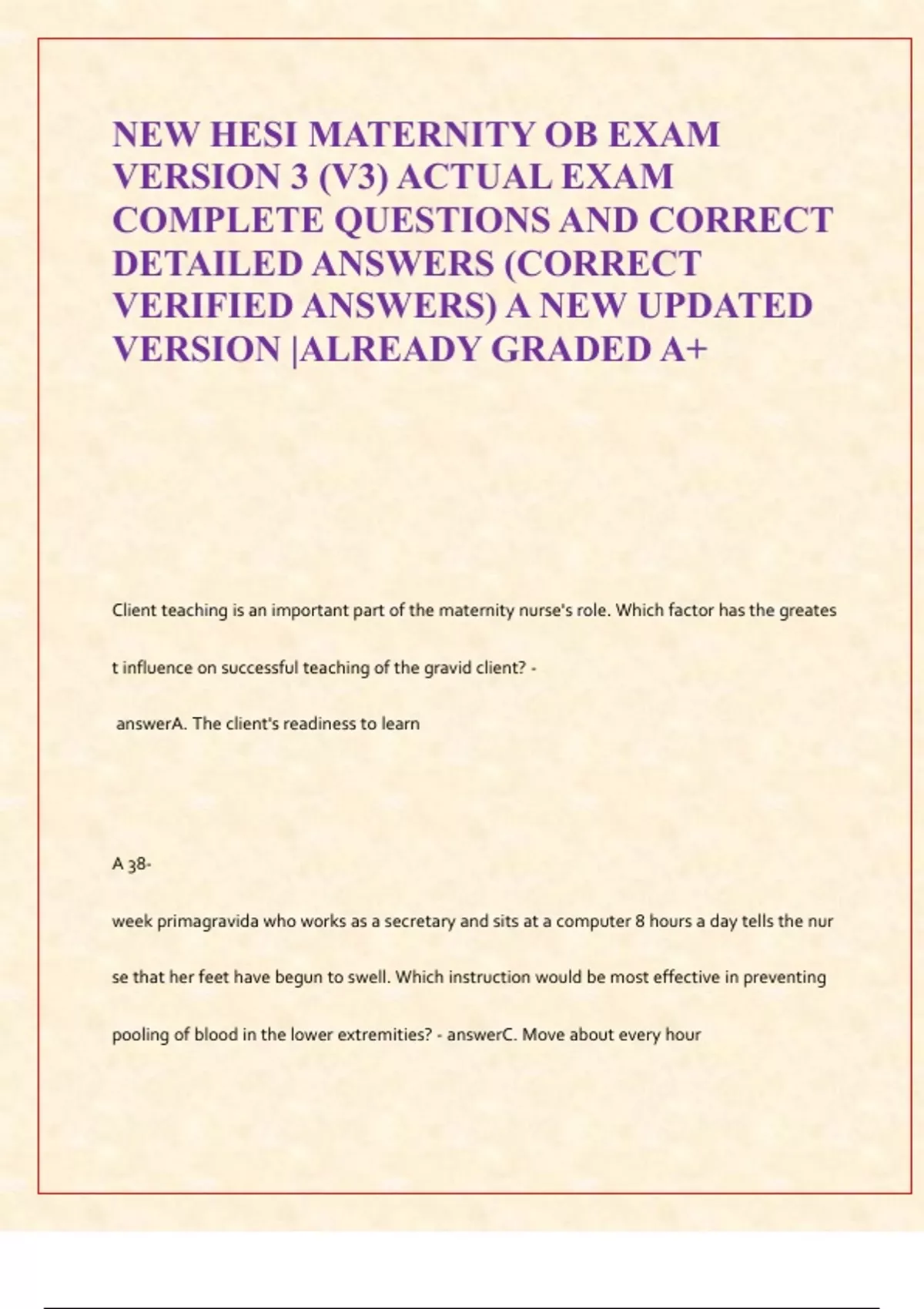 NEW HESI MATERNITY OB EXAM VERSION 3 (V3) ACTUAL EXAM COMPLETE ...