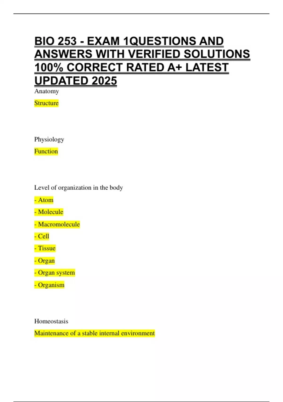 BIO 253 - EXAM 1QUESTIONS AND ANSWERS WITH VERIFIED SOLUTIONS 100% ...