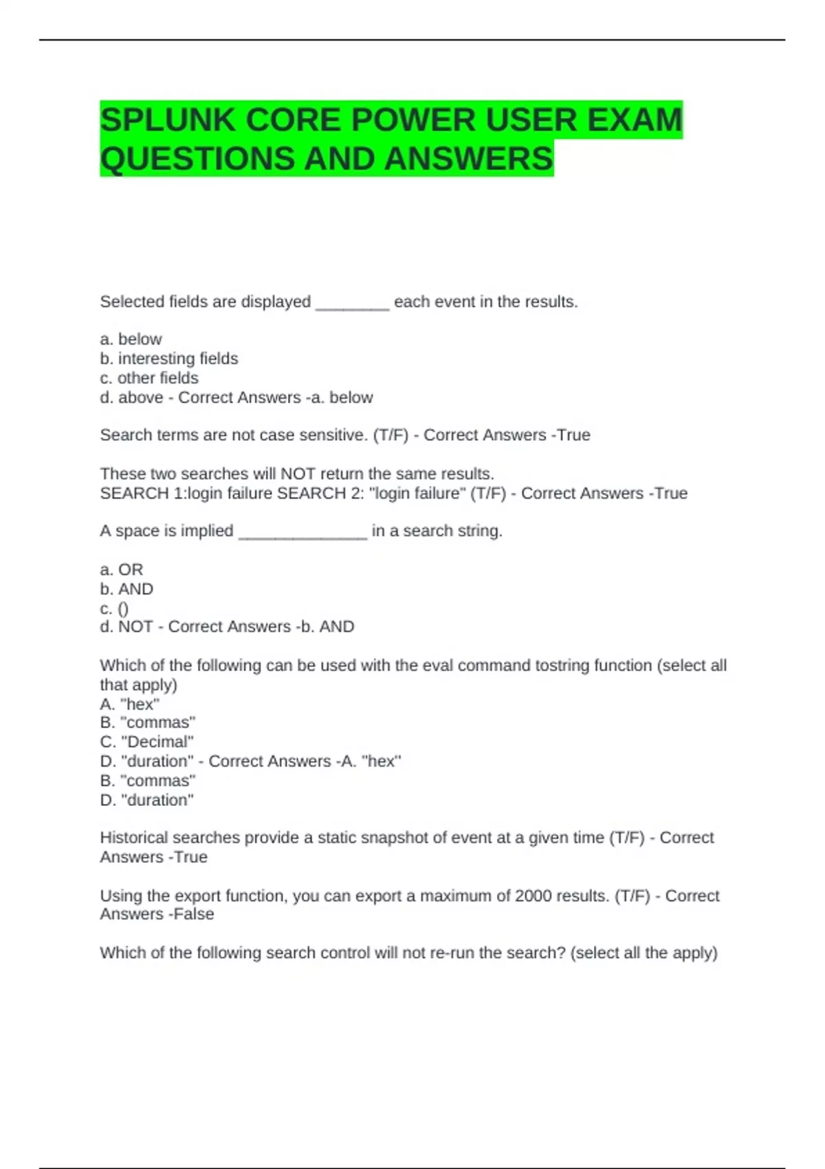 SPLUNK CORE POWER USER EXAM QUESTIONS AND ANSWERS - Splunk Core - Stuvia US