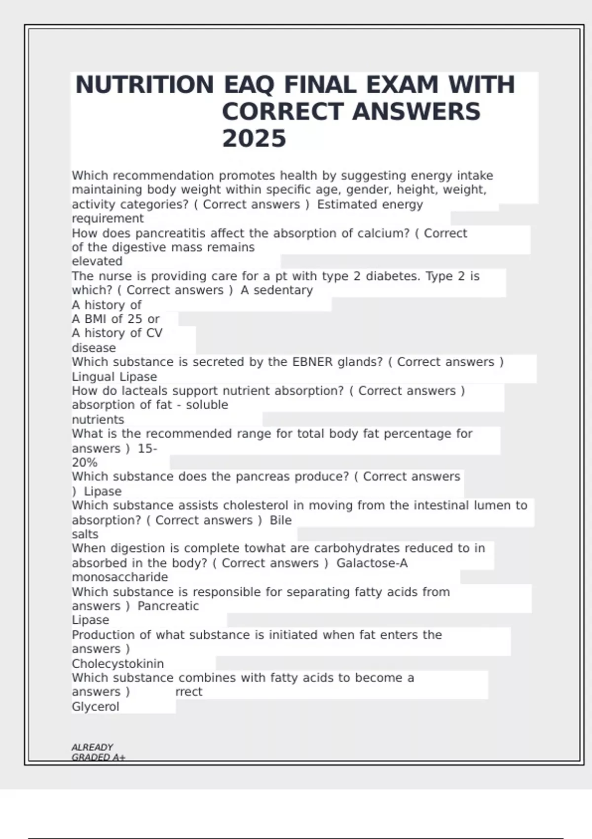 NUTRITION EAQ FINAL EXAM WITH CORRECT ANSWERS 2025 - NUTRITION EAQ FINA ...