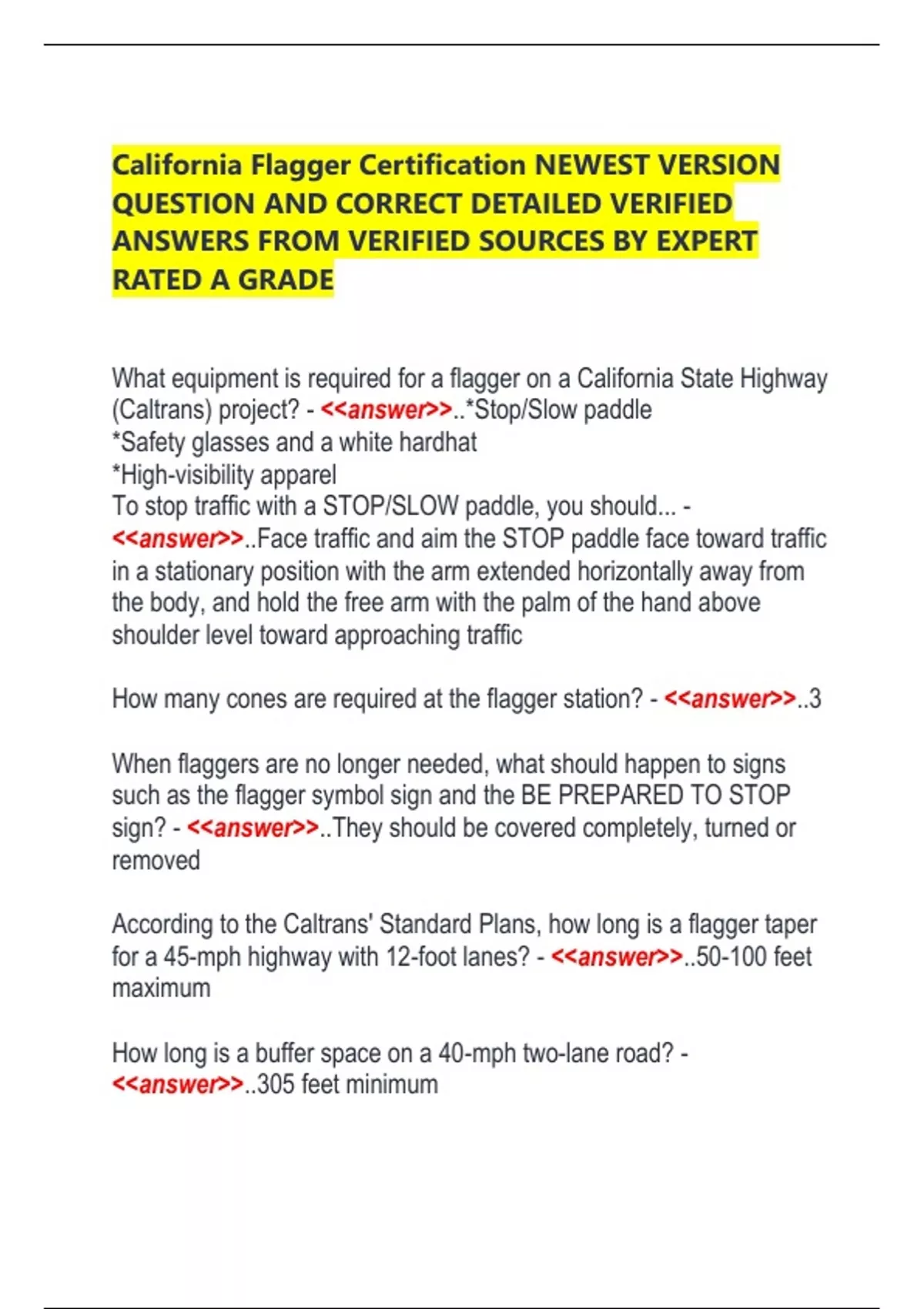 California Flagger Certification NEWEST VERSION QUESTION AND CORRECT ...