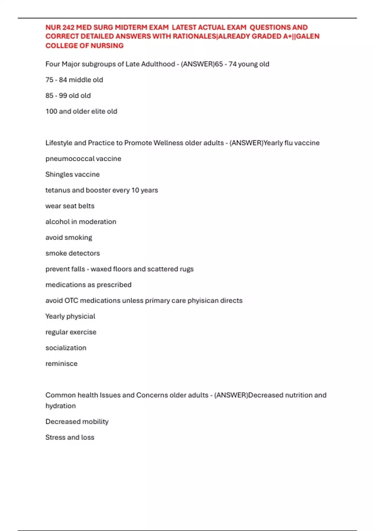 NUR 242 MED SURG MIDTERM EXAM LATEST ACTUAL EXAM QUESTIONS AND CORRECT ...