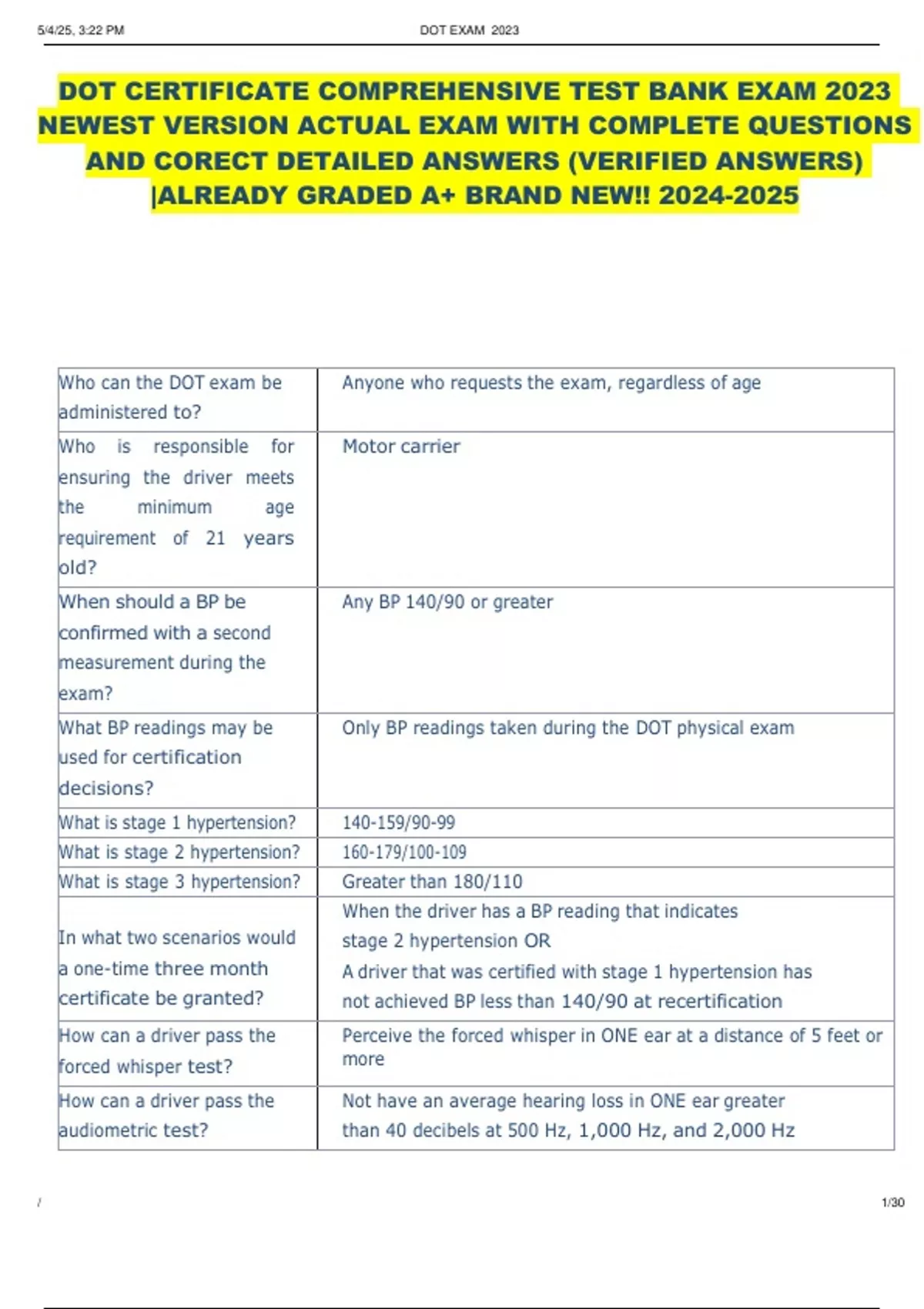 DOT CERTIFICATE COMPREHENSIVE TEST BANK EXAM NEWEST VERSION ACTUAL EXAM ...
