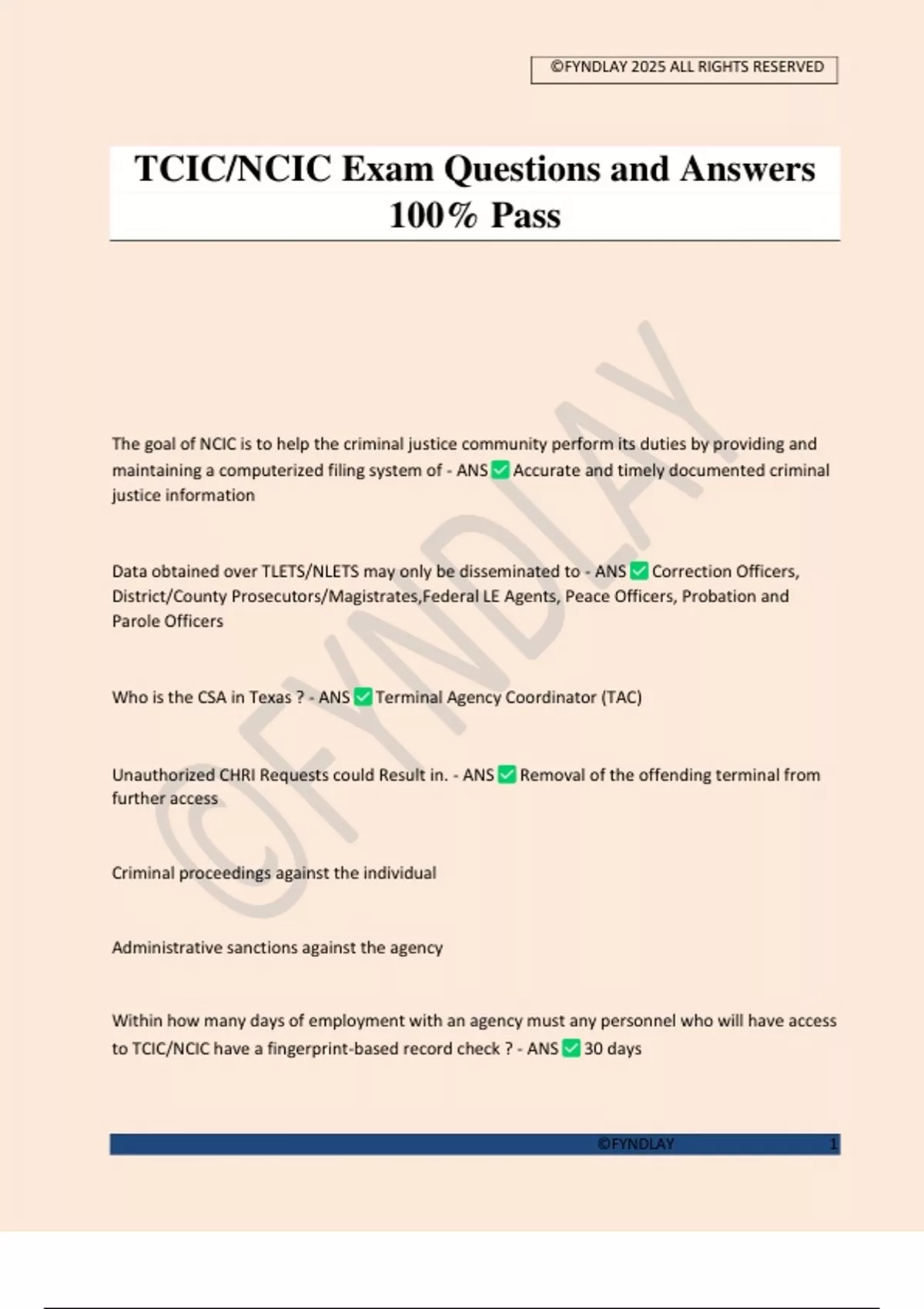 TCIC/NCIC Exam Questions and Answers 100% Pass - TCIC/NCIC - Stuvia US