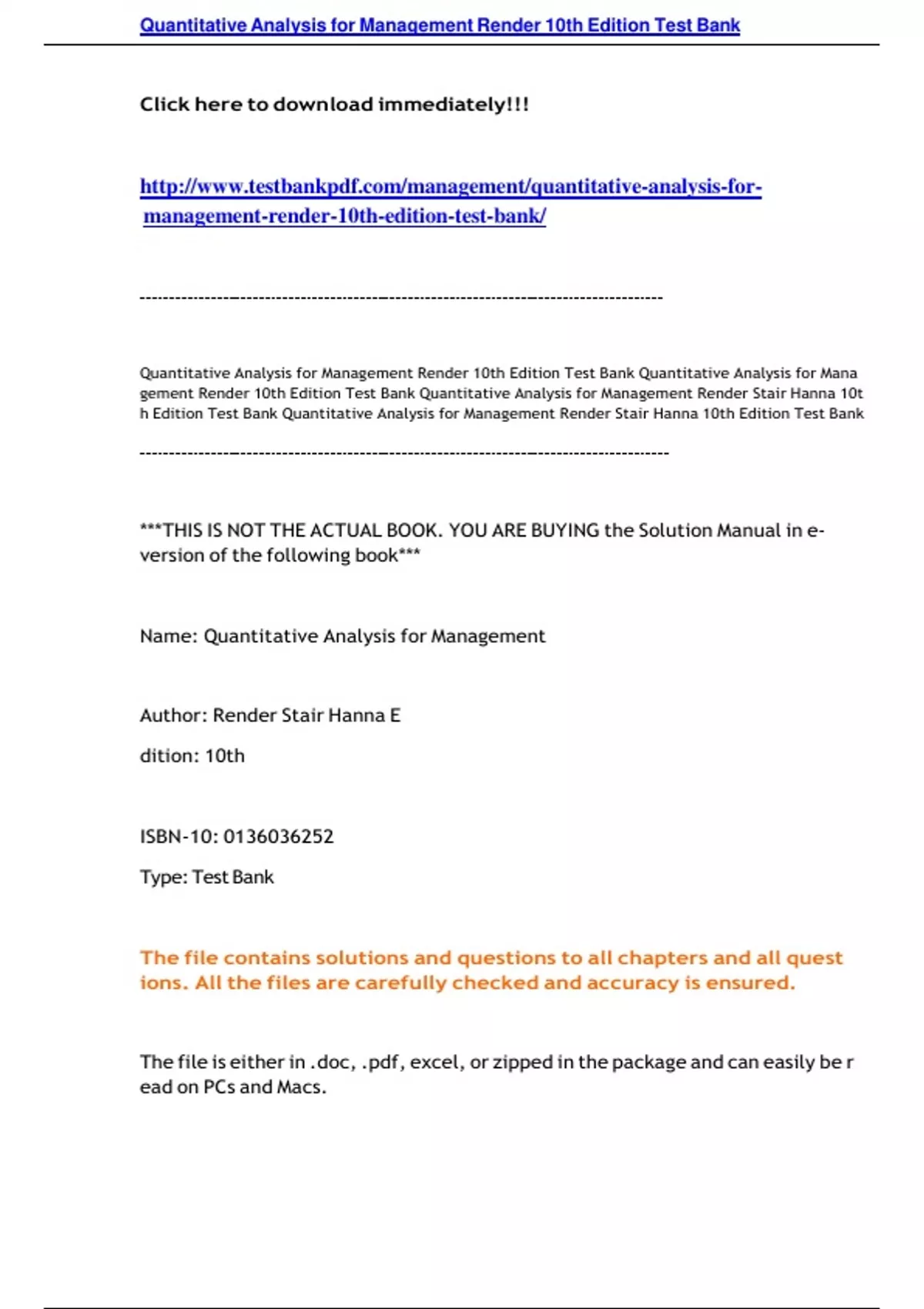 Test Bank for Quantitative Analysis for Management, 14th Edition by ...