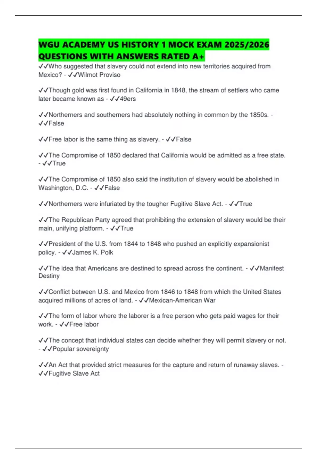 WGU ACADEMY US HISTORY 1 MOCK EXAM 2025/2026 QUESTIONS WITH ANSWERS ...