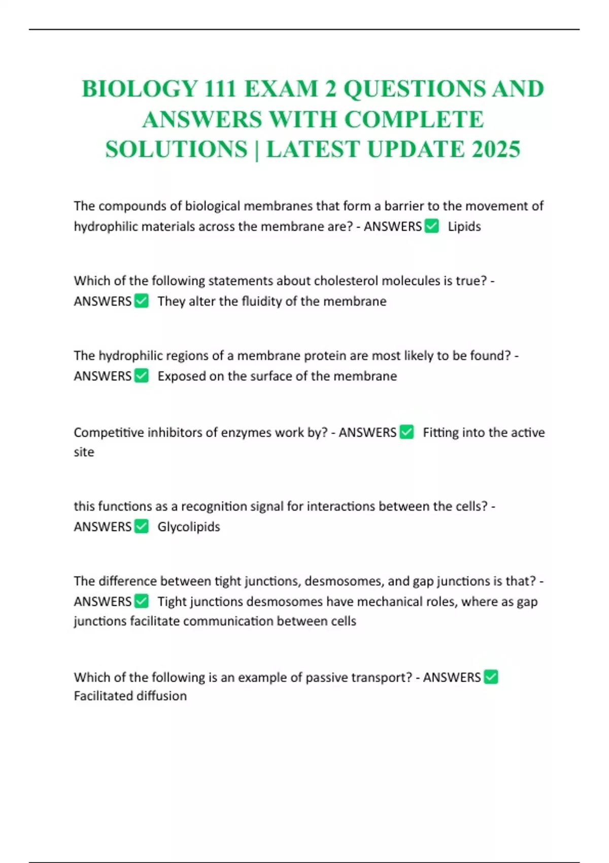 BIOLOGY 111 EXAM 2 QUESTIONS AND ANSWERS WITH COMPLETE SOLUTIONS ...