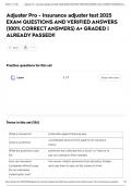 Adjuster Pro - Insurance adjuster test 2025 EXAM QUESTIONS AND VERIFIED ANSWERS &lpar;100&percnt; CORRECT ANSWERS&rpar; A&plus; GRADED &vert; ALREADY PASSED&excl;&excl;